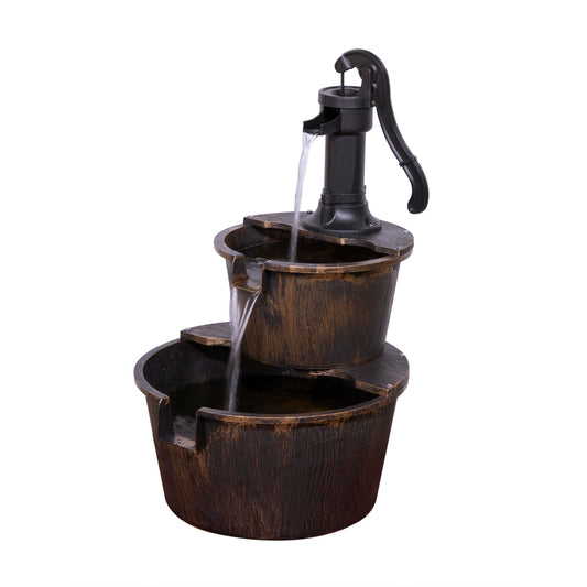 Alpine Corporation 27" Tall Rustic Outdoor 2-Tier Barrel Pump Water Fountain with Soothing Cascading Water Flow for Patio, Yard, Porch, or Landscape, Bronze