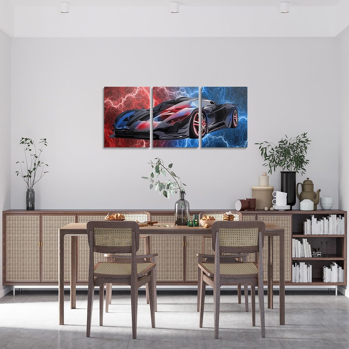 Feelyou Race Car Bathroom Wall Art for Home Decor 12"x16" 3 Piece Red and Blue Speed Sports Car Canvas Wall Art Extreme Sports Office Wall Artwork Posters Lightning Theme Wall Painting