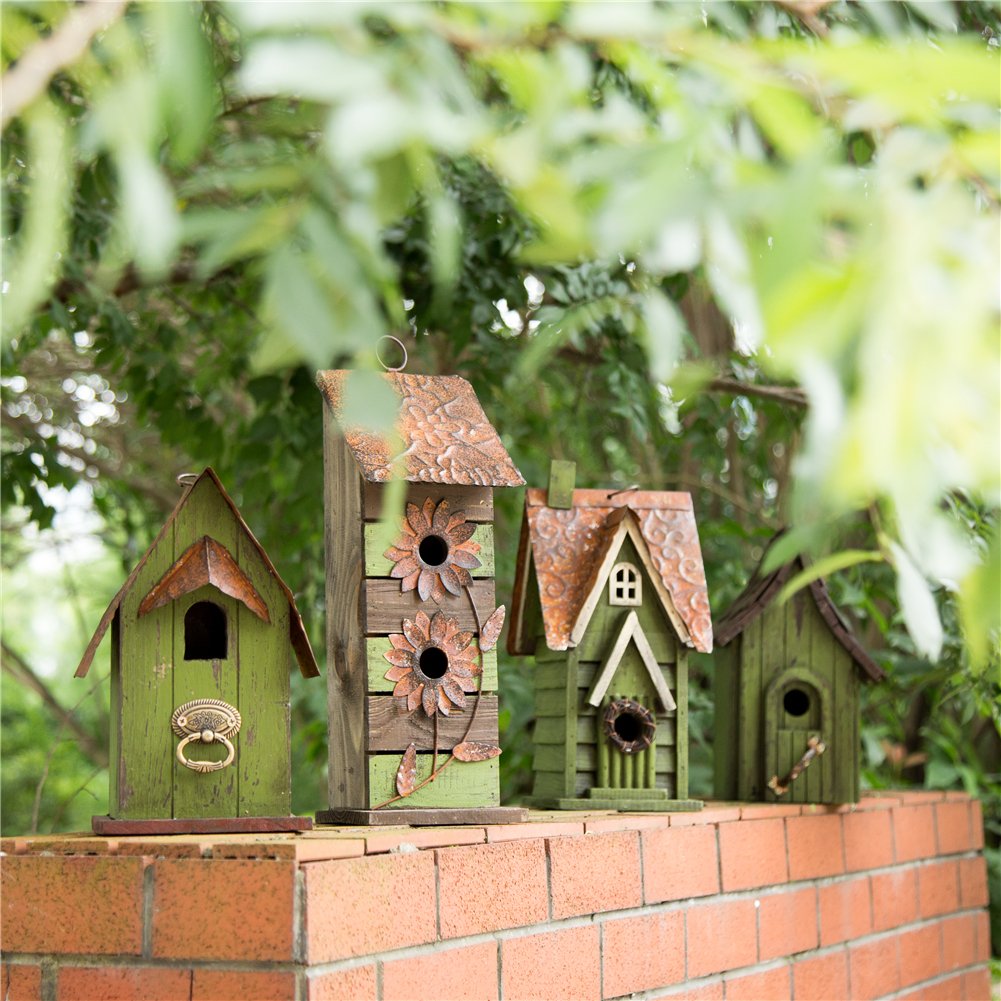 Glitzhome 12" H Green Hanging Distressed Solid Wood Garden Bird House Decorative Birdhouse
