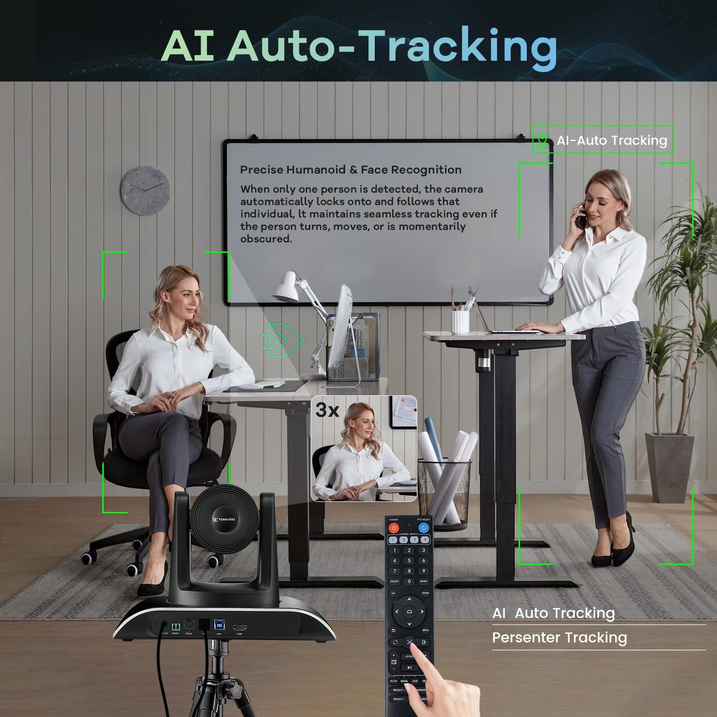 TONGVEO All-in-One Conference Room Video Camera System Al Auto-Tracking HD1080P 60fps 3X Optical Zoom USB3.0 HDMI PTZ Camera and Bluetooth Conference Speakerphone with Microphones