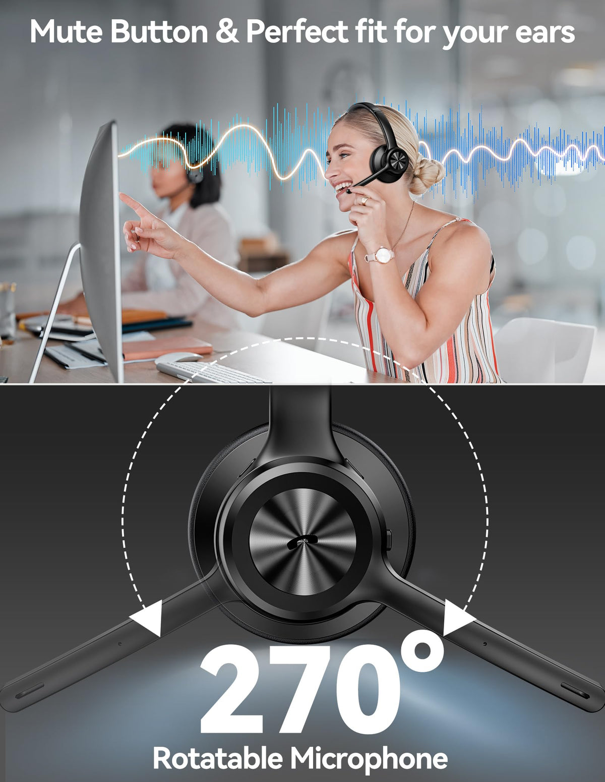 TECKNET Wireless Headset, Bluetooth Headset with Noise Cancelling Microphone - Rechargeable Bluetooth V5.2 Headphones, 50H Playtime & Mic Mute, On Ear Headphones for Trucker/Remote Work/Call Center