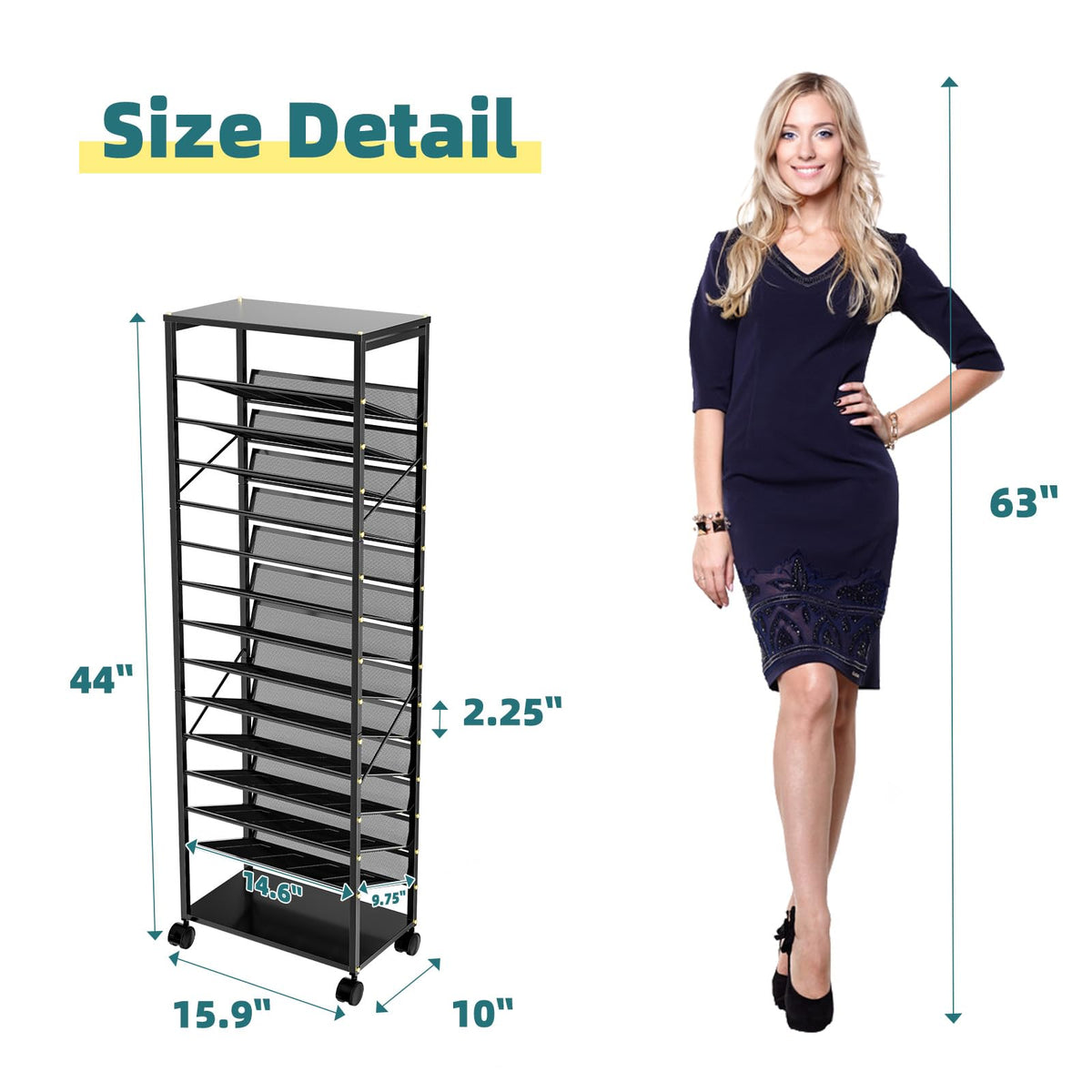 Ekisemio 15 Tier Rolling File Cart, Sturdy and Durable Desk File Organizer with Metal Mesh Letter Tray, Heavy-duty Rolling Clutter Cart for Office, Home, School, Black