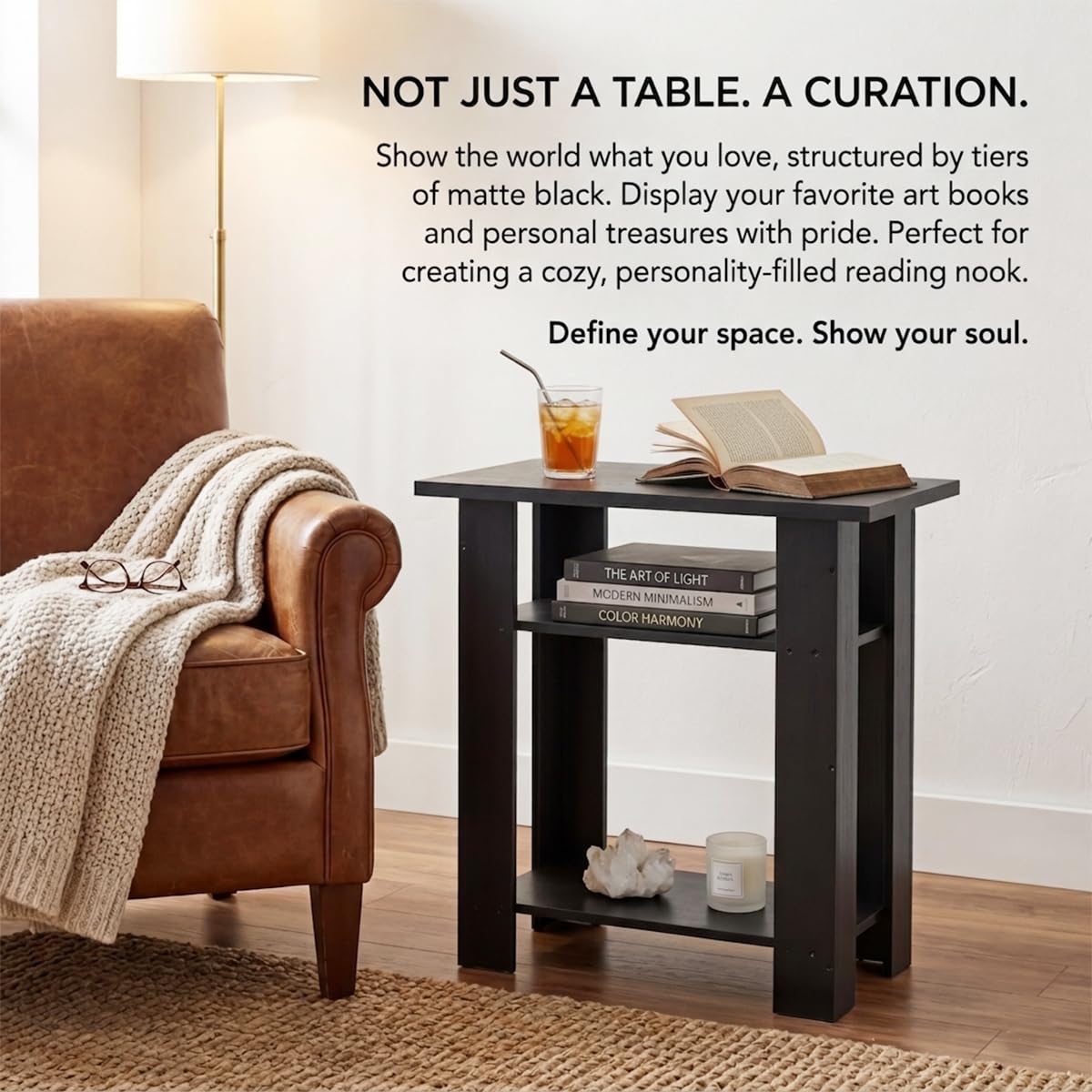 ZEXVIDA Black Side Table, 3 Tier Narrow End Table for Living Room, Modern Wood Nightstand with Storage Shelves, Small Bedside Table for Bedroom, Home Office, Small Spaces, 22.8 Inch High