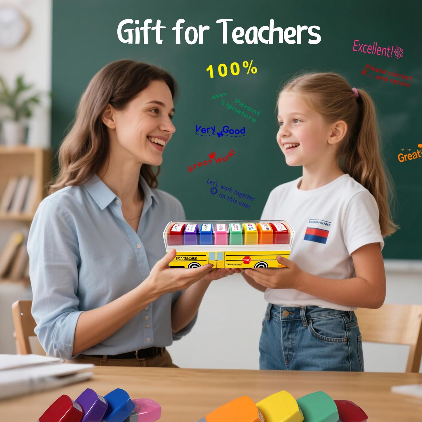 Teacher Stamps for Grading Classroom, New Teacher Appreciation Gifts, Self-Inking Motivation Great Job Parent Signature Stamp for Homework Must Haves, Teacher Supplies (8 pcs)
