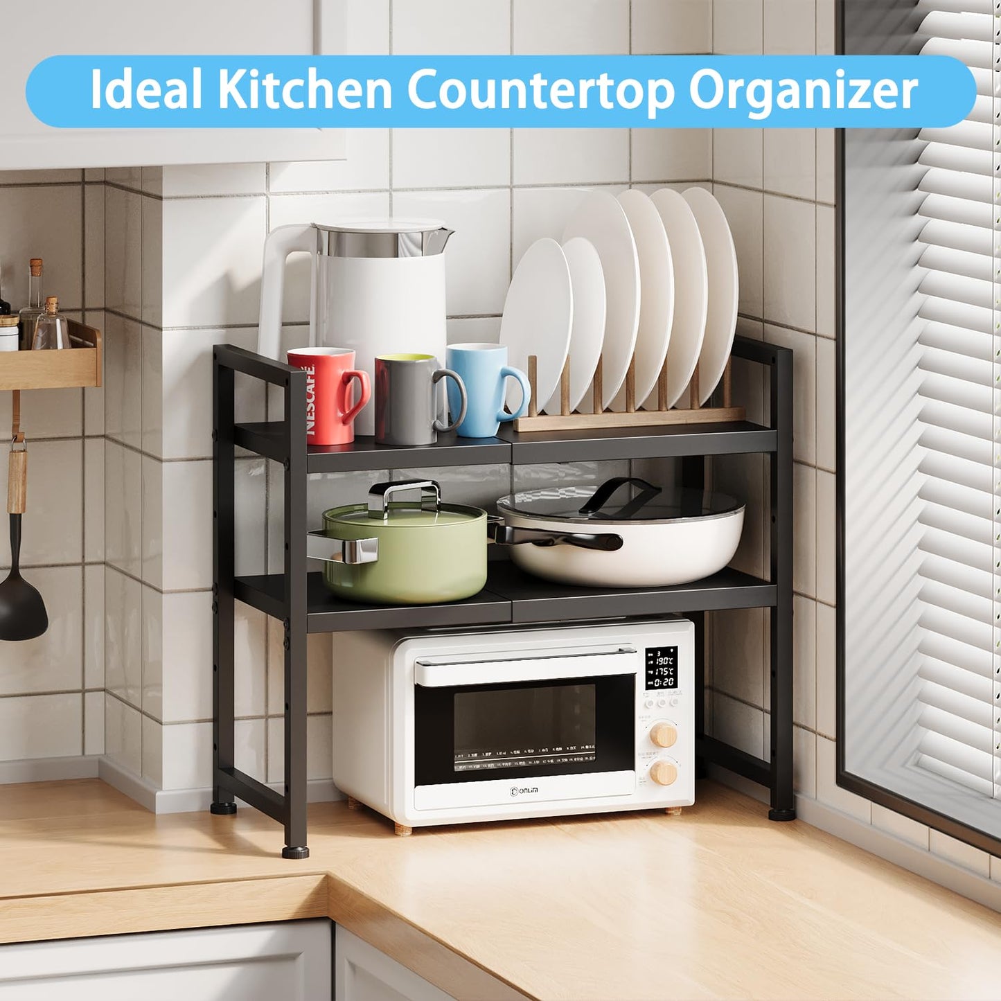 2-Tier Expandable Metal Storage Shelves,150LBS Heavy Duty Shelving Units and Storage For Small Appliance,Adjustable Pots and Pans Organizer Rack Shelf For Kitchen Under Cabinet Pantry Warehouse Garage