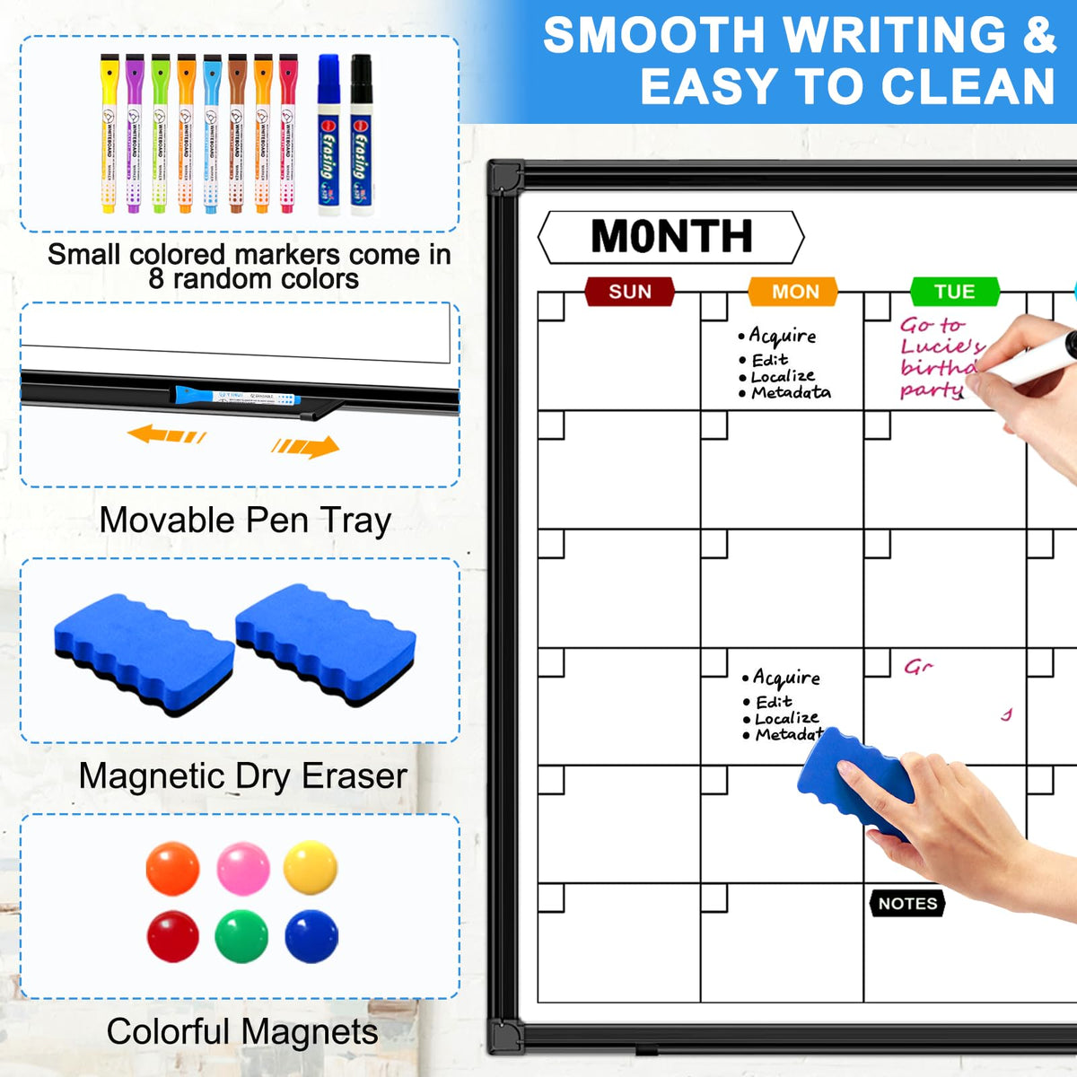 CALENBO Dry Erase Calendar Whiteboard for Wall 36" x 24", Magnetic Monthly White Board Calendar Dry Erase with Tray, Black Aluminum Frame Bulletin Board for Office Home and School