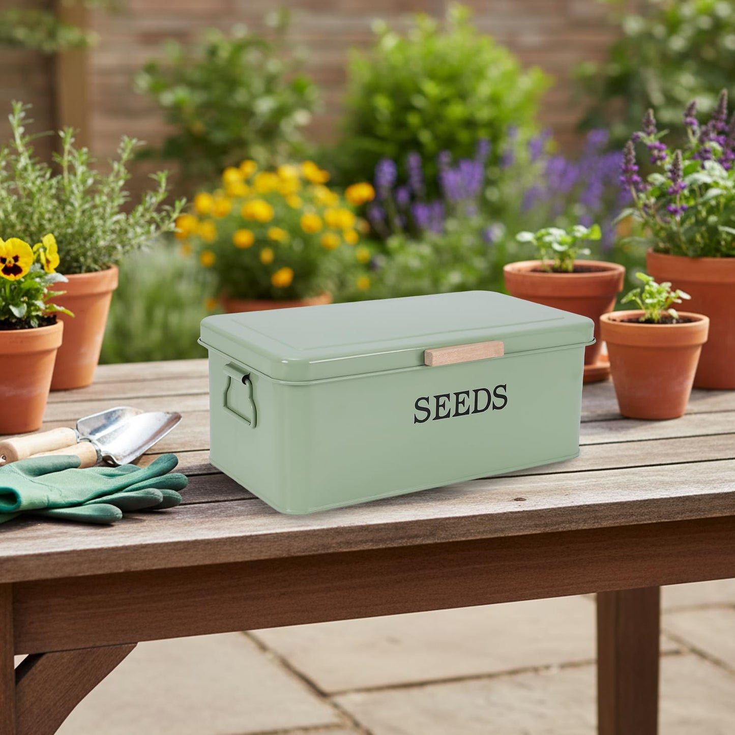 Mowhut Seed Storage Organizer,Metal Seed Saving Box with Lid,4 Compartments Box with Safety Locks,Garden Supplies Container with 20 Plant Labels 50 Saving Envelopes 2 Marker Pens,Green