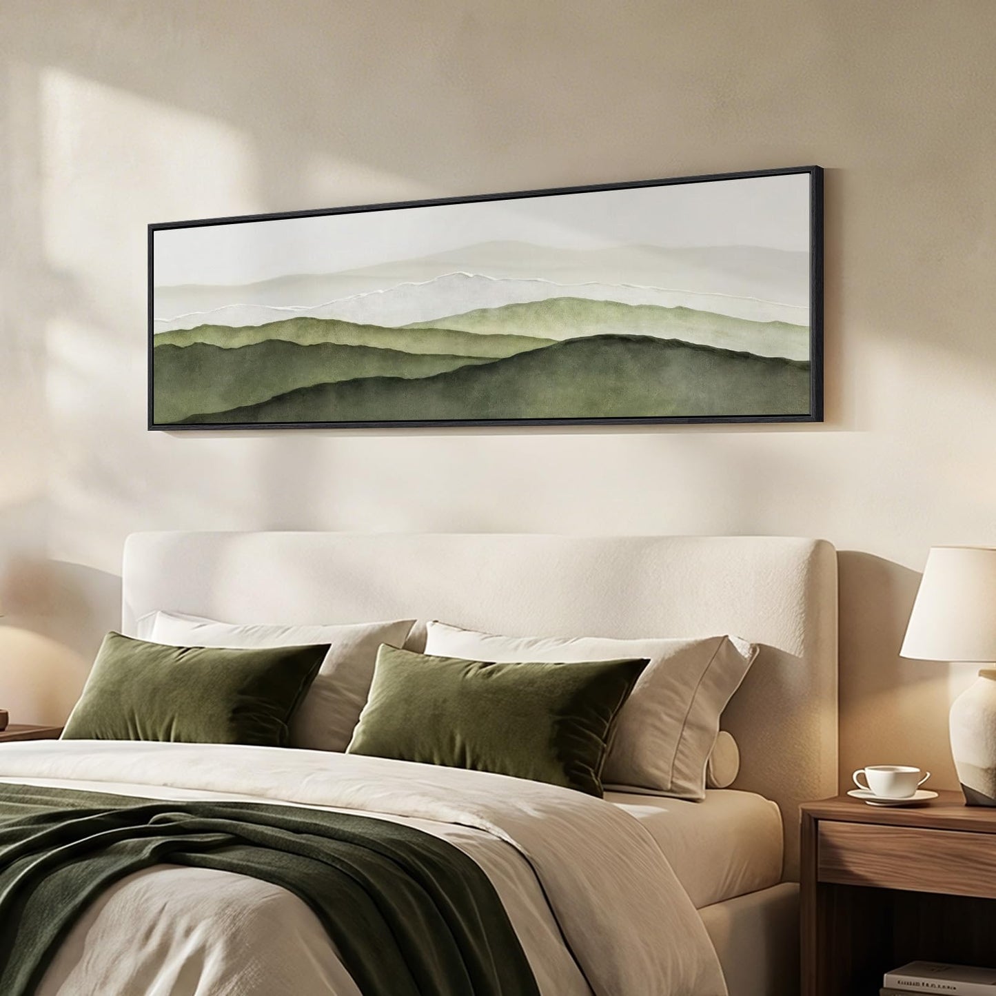 Large Framed Green Abstract Mountain Wall Art for Living Room, Long Narrow Modern Landscape Canvas Prints Paintings for Walls, Horizontal Nature Pictures Wall Decor for Bedroom Dinning Room, 20x60 In