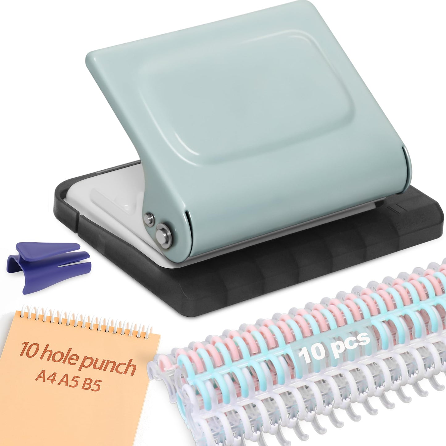 Hoqqf 10 Hole Punch Binding Machine for Planners with 10 Multi-Color Binder Rings, 30 Holes on A4, 20 Holes on A5, 26 Holes on B5, 10 Sheet Capacity (Pale Blue)