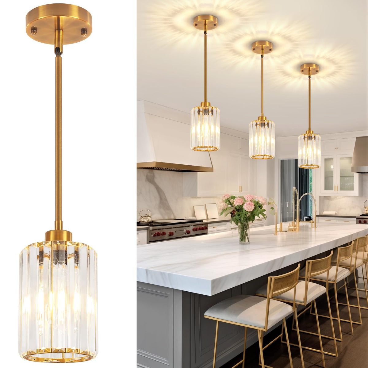 3 Pack Brushed Gold Pendant Lights Kitchen Island, Modern Crystal Kitchen Pendant Lighting Over Island Dining Room Light Fixtures Adjustable Hanging Pendant Light for Bathroom Hallway Foyer Bedroom