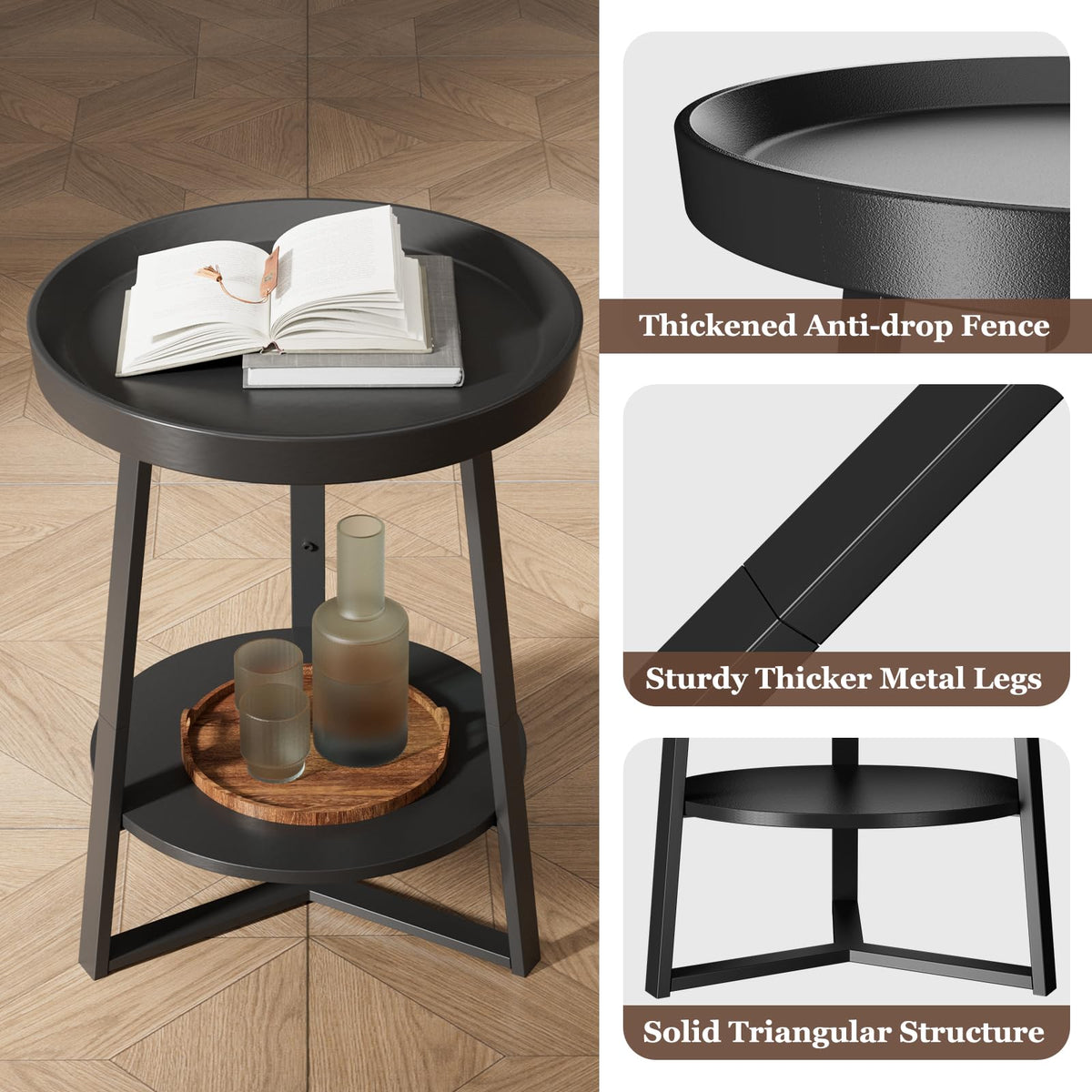 Gadroad Round End Table with Storage Shelf, 2 Tier Farmhouse Side Table Nightstand for Living Room, Bedroom, Wood Tabletop & Black Metal Frame, Black 15.7 * 15.7 * 23.0inches
