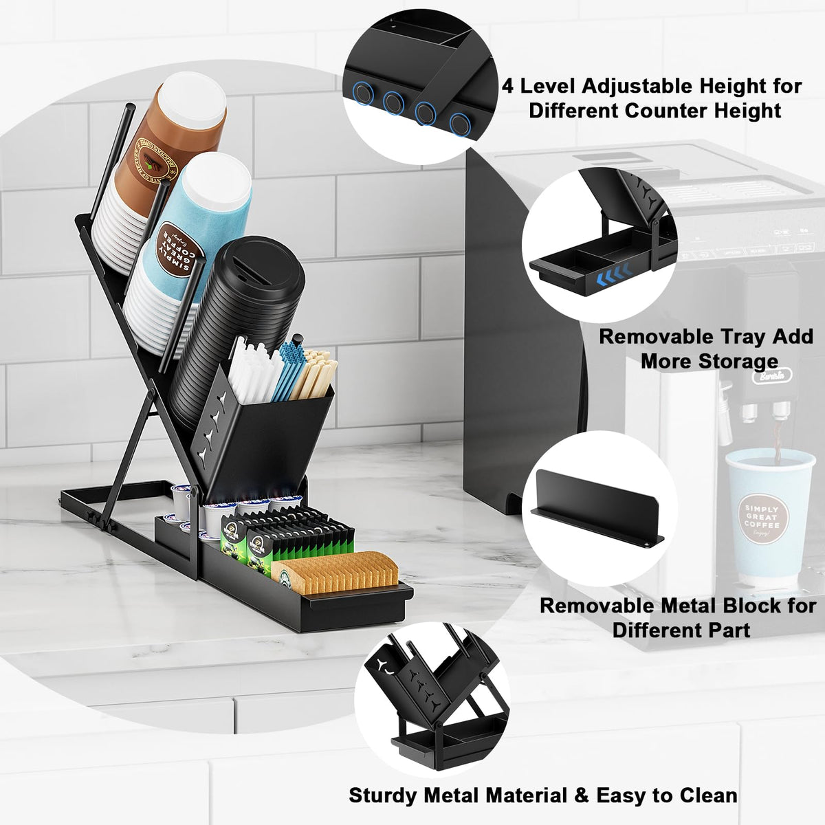 ZDDLOINP Cup and Lid Holder with Straw Organizer Coffee Station Organizer, Metal Cup Dispenser 5 Compartment Coffee Cup Holder for Coffee Bar Accessories, Disposable Paper Cups, Plastic Cups, Lids