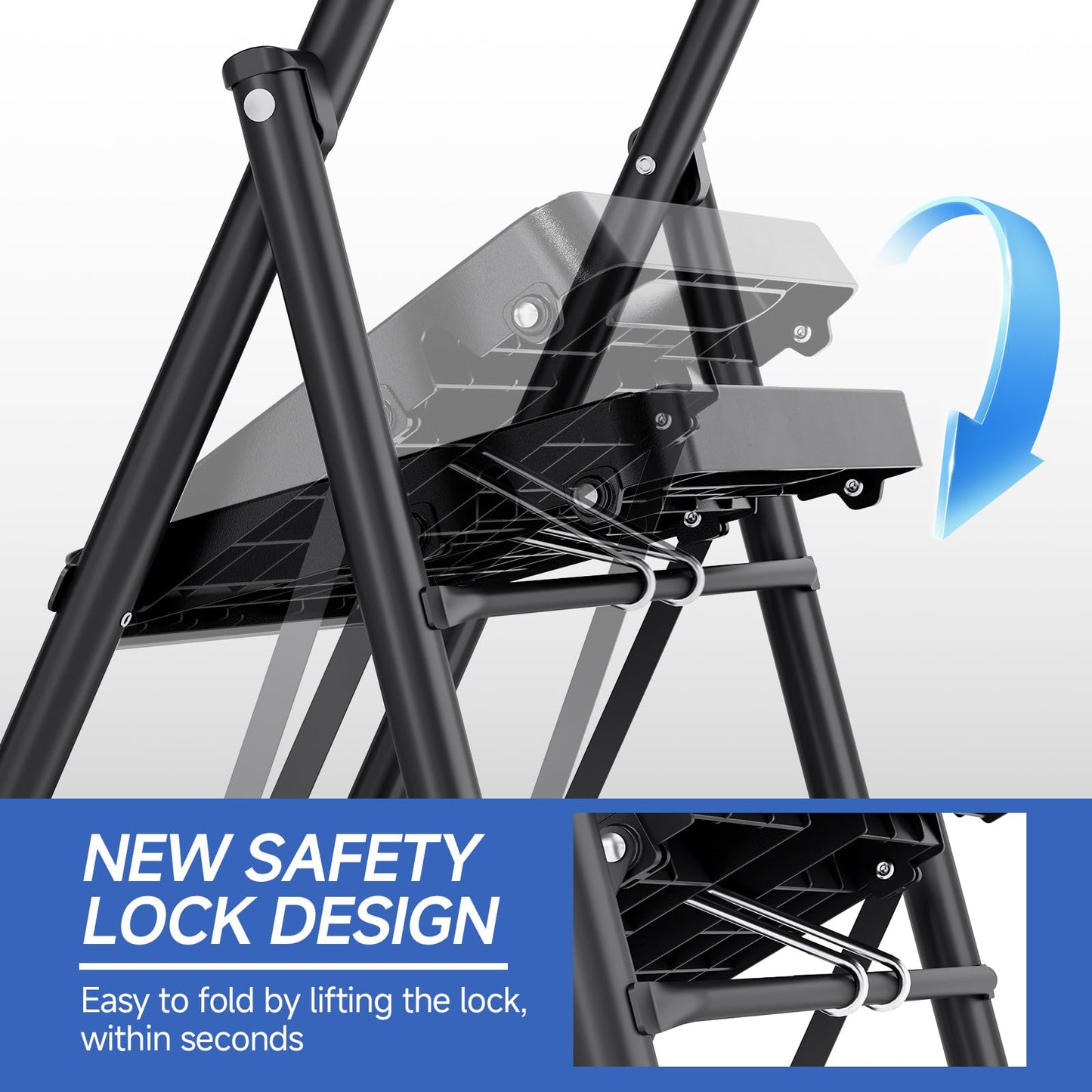 KINGRACK 2 Step Ladder, Folding Step Stool with Handrail, Safe-Lock Design and Wide Anti-Slip Pedals, 500 lbs Capacity Sturdy Steel Ladder for Home and Kitchen, Black