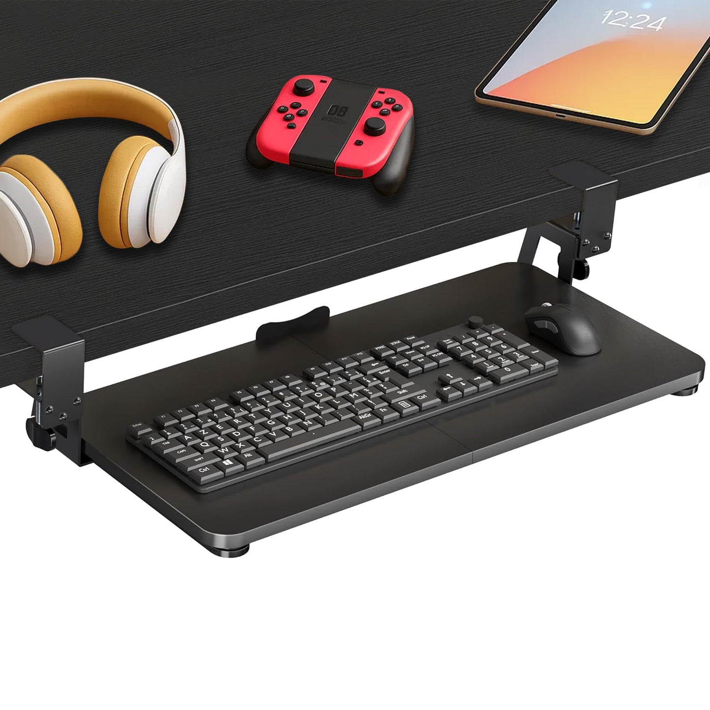 Under Desk Keyboard Tray Slide Out, Clamp On Pull Out Drawer with Mouse Space, Fits Desks 10–50mm Thick, 25 x 9.8 Inch Ergonomic Keyboard Holder for Comfortable Typing at Home or Office