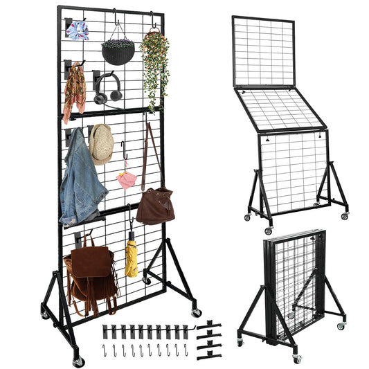 ZERTNROW Heavy Duty Adjustable Grid Wall Panels, Foldable Gridwall Panels with Braked Wheels-Included 24 Hooks，Suitable for Art Fairs Craft Display Retail Storage