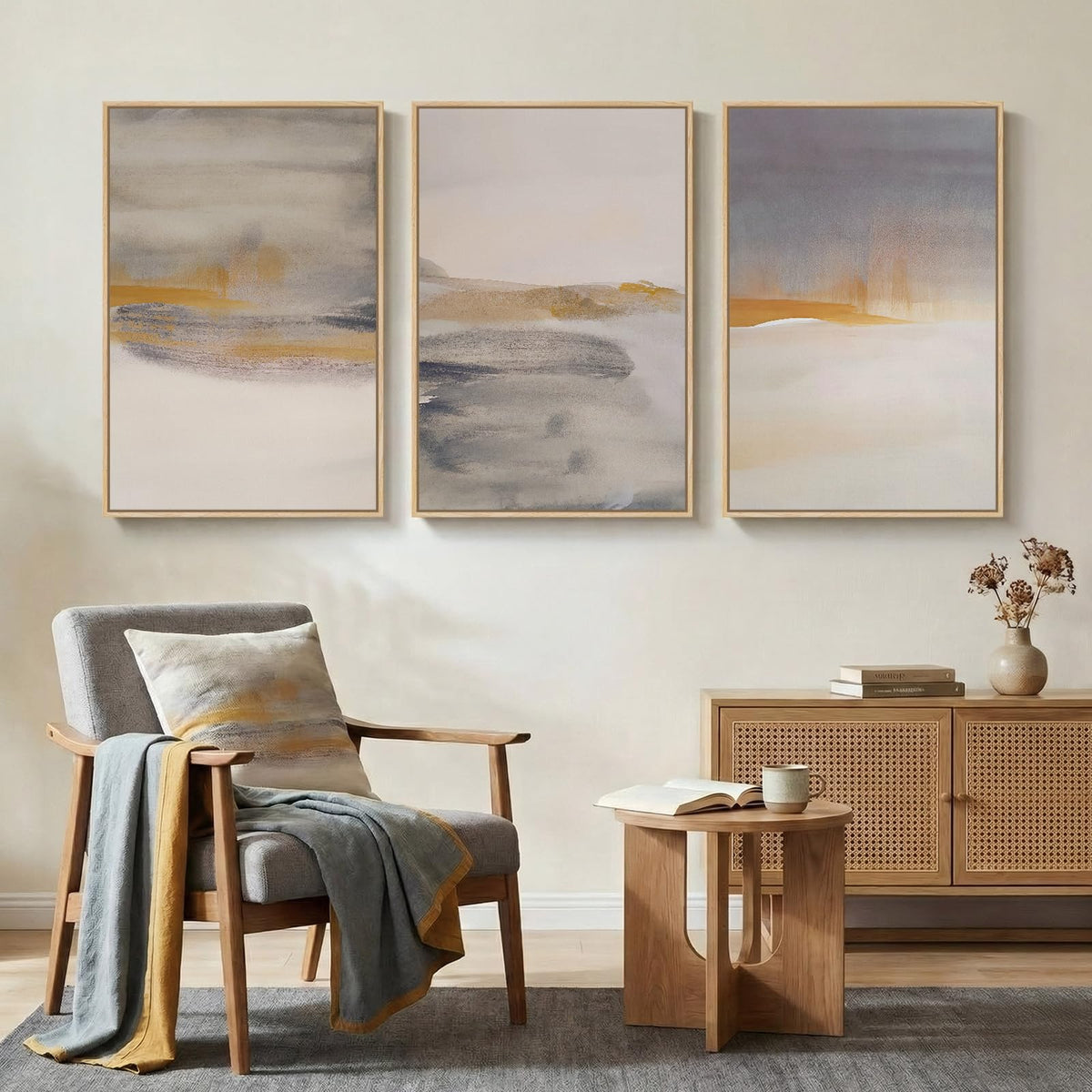 Framed Large Neutral Abstract Wall Art, Set of 3 Canvas Modern Prints Paintings, Minimalist Landscape Beige Gray Picture Artwork Decor for Living Room Bedroom Office 24x36 Inch