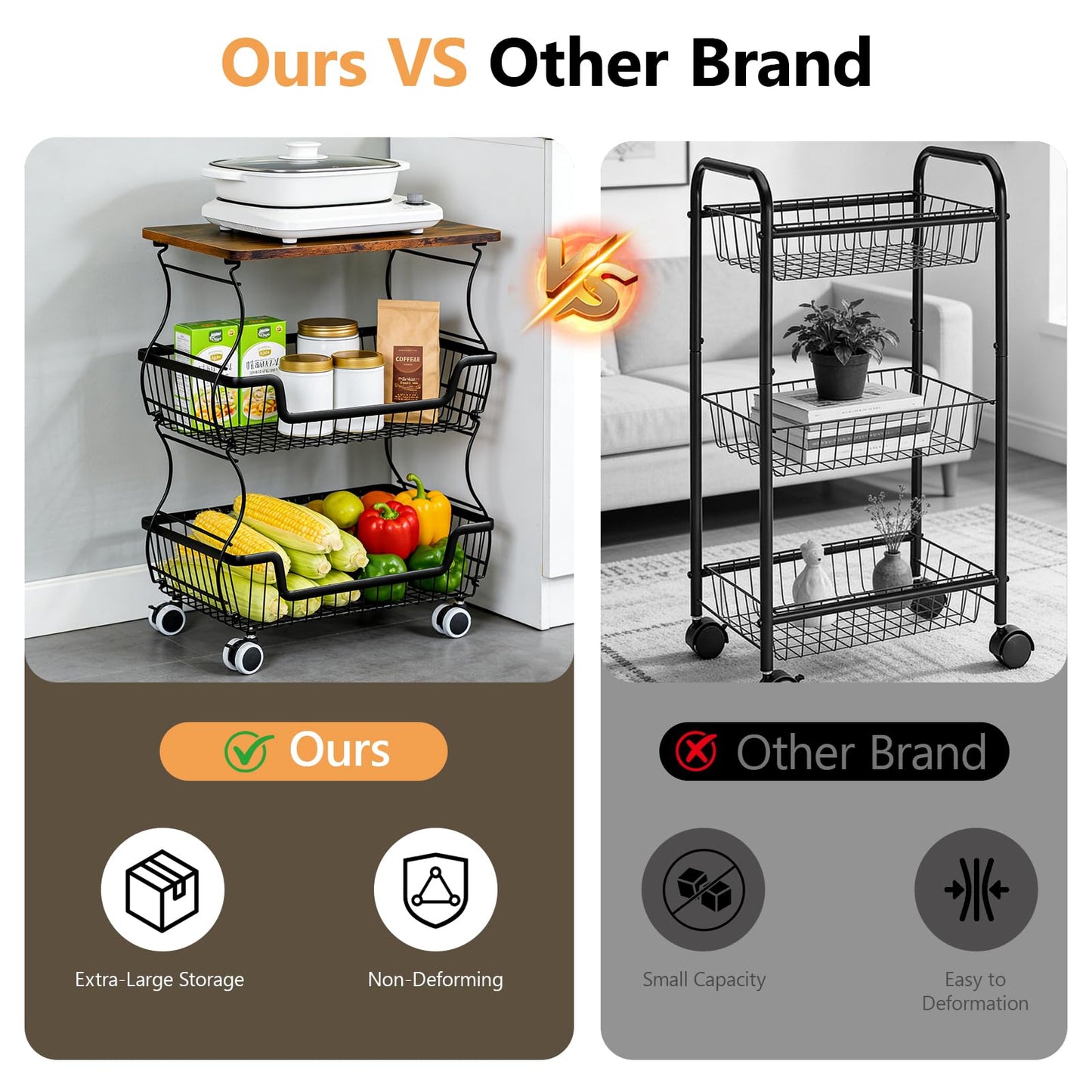 2 Pack Utility Rolling Cart 3-Tier Metal Storage Organizer Cart with Wooden Top Snack Rack Pantry Cart with Wheels for Kitchen, Bathroom, Office, Bedroom, Living Room, Black