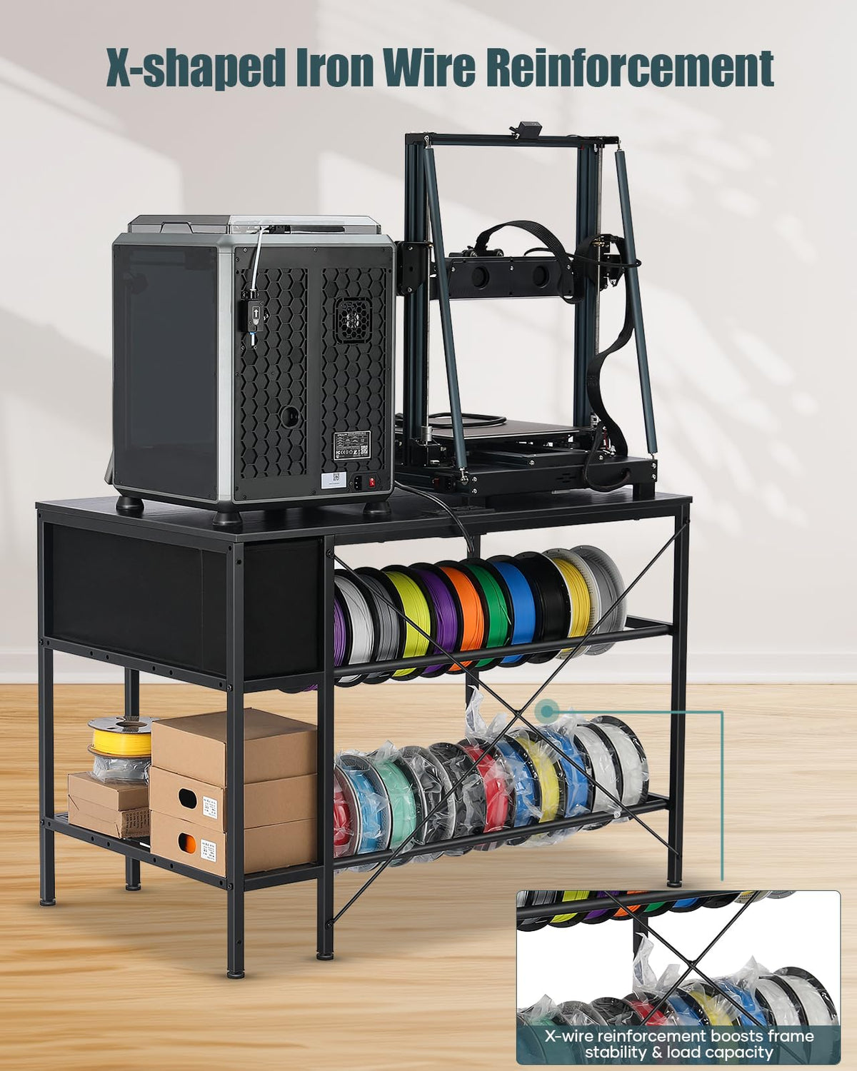 3D Printer Table with Filaments Storage - 3D Printer Stand Filament Storage Rack Heavy Duty 3D Print Desk with Drawer for Workshop Studio Office (Black)