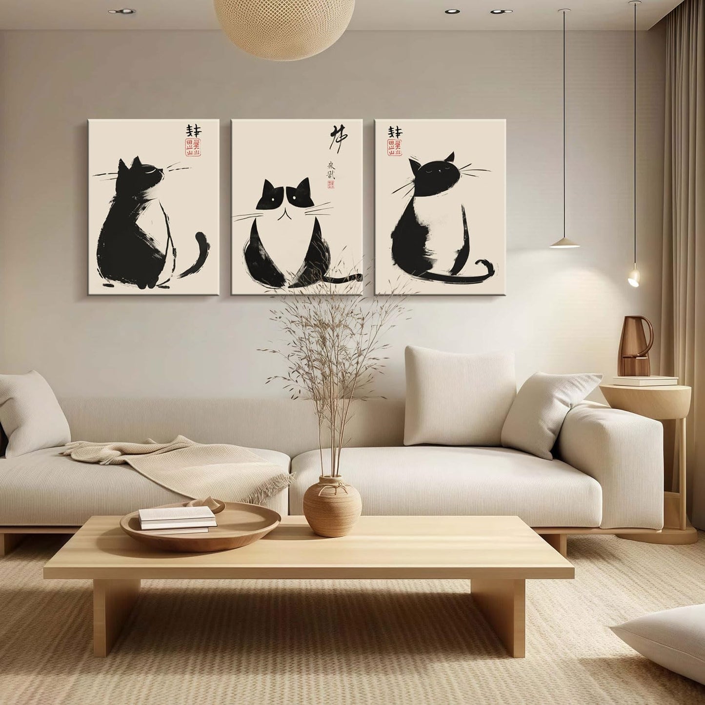 3Pcs Framed Black Cat Japanese Zen Ink Style Cute Funny Animal Wall Art Decor Canvas Print Picture Poster Gallery Bathroom Bedroom Living Room Office 12x16 Inch Ready to Hang