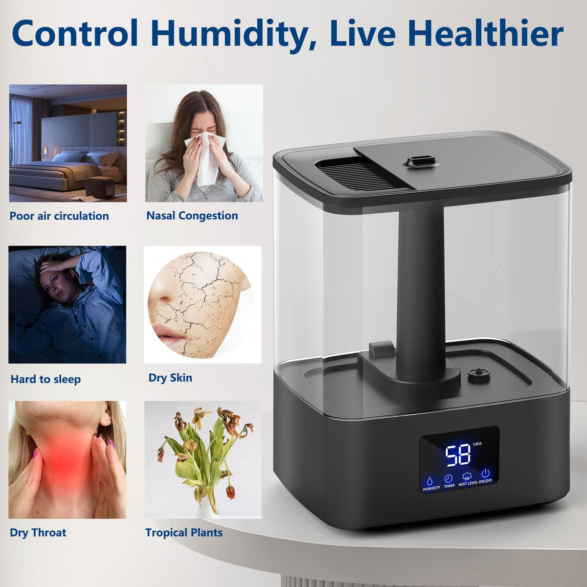 KZF 4L Top Fill Humidifiers for Bedroom & 60H Runtime - Cool Mist Humidifier, 3 Mist Levels, 8H Timer, Essential Oil Tray, Humidity Display, Quiet for Bedroom, Baby, Plants, Large Room (Black, 6L)