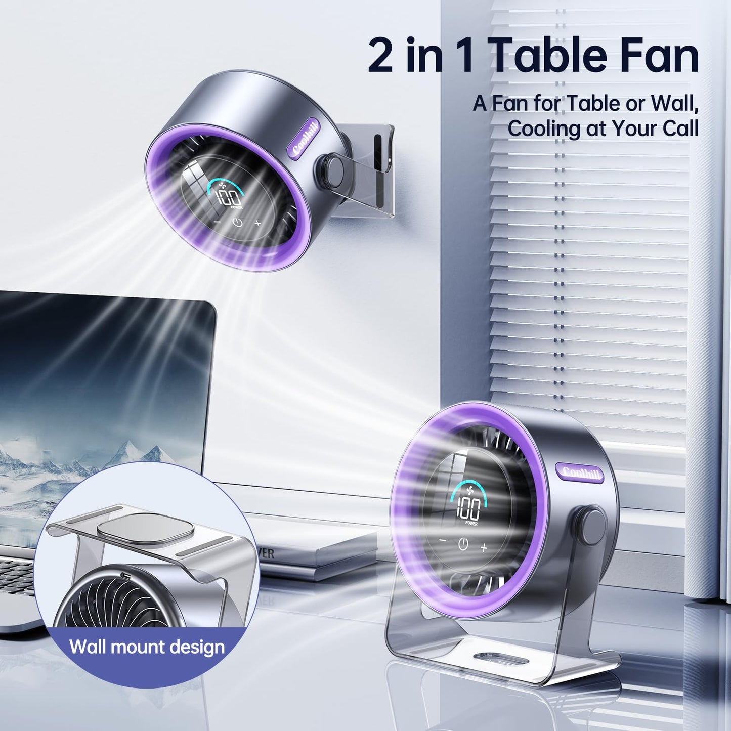 Coolhill USB Desk Fan for Bedroom: 100 Speeds Digital Display Quiet Table Fan with Turbo Airflow, 120° Rotating Small Rechargeable Battery Desktop Fans for Bedroom Home Office (Purple)