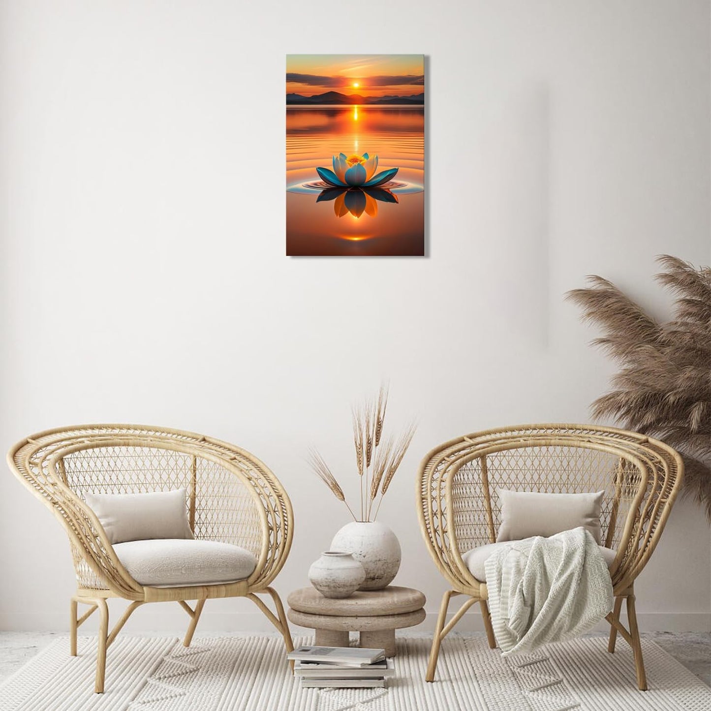 Sunset Lotus Wall Art–Lotus Blooming In The Water,Serene Lake Meditation Canvas Art,Yoga Spa Meditation Room Decor, Modern Spiritual Poster Prints For Zen Office Framed 12"X 16"