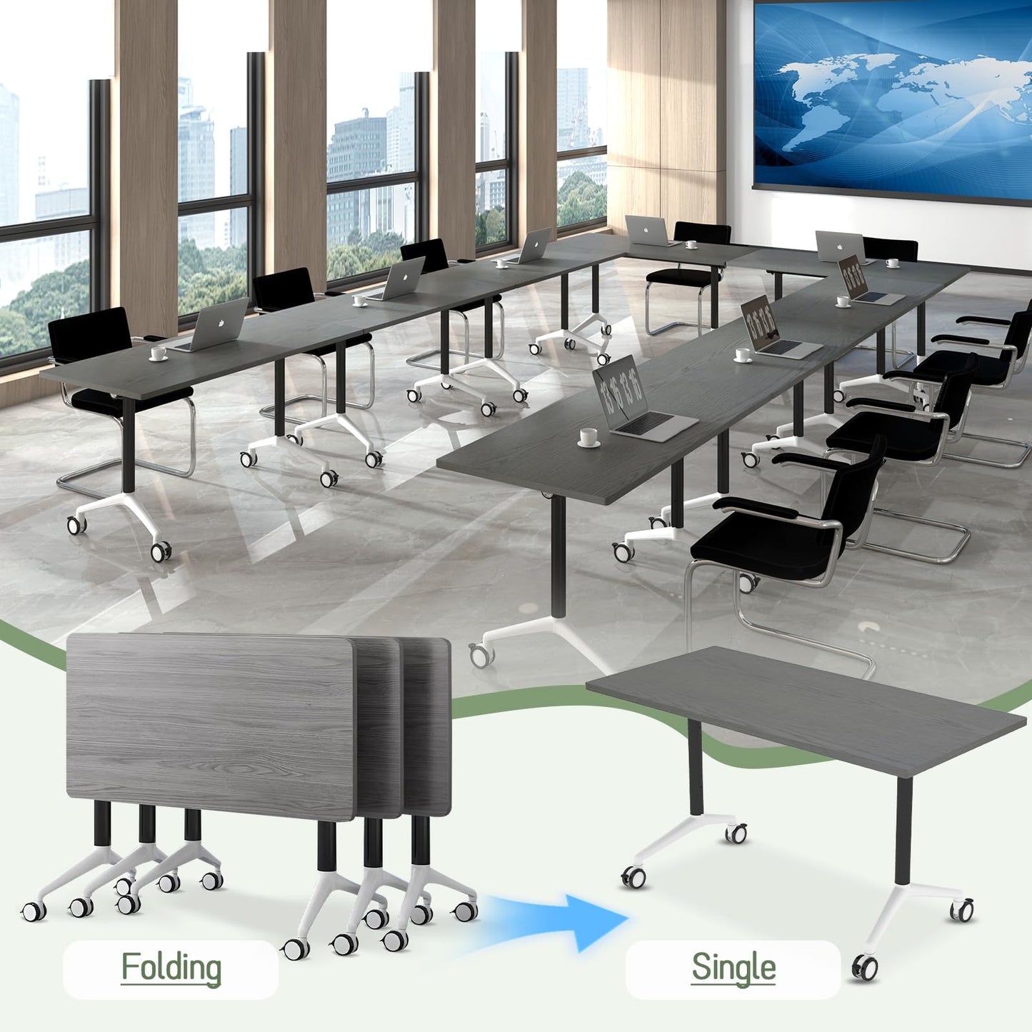 rzoizwko 2 Folding Conference Room Table with Wheels, Portable Foldable Training Meeting Table for Office, Classroom, Boardroom, Easy Storage and Move, Sturdy Office Furniture