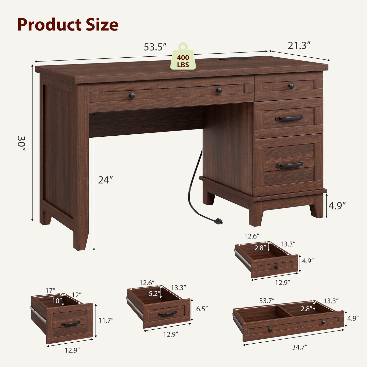 GarveeHome Executive Desk with Drawers, Farmhouse Home Office Desk with Charging Station, 53.54 in Wooden Computer Desk with File Cabinet Storage for Work Study Writing,Walunt Brown