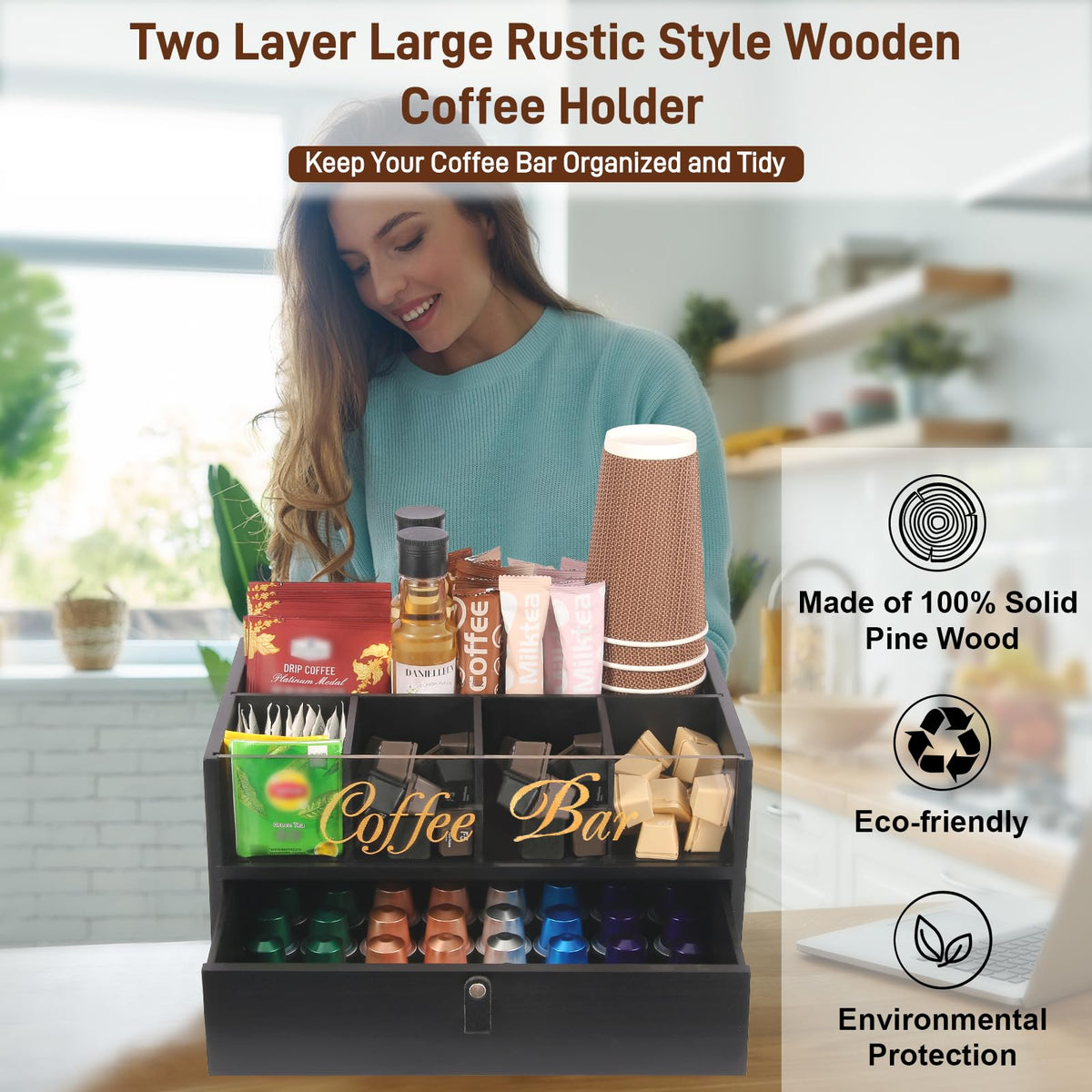 Intarsio 2-Tier Coffee Bar Organizer with Clear Acrylic Top, Built-in Drawer and Leather Handle Pull for Countertop, Stylish Coffee Station Storage Box for Accessories, Pods, Great Gifts for Home