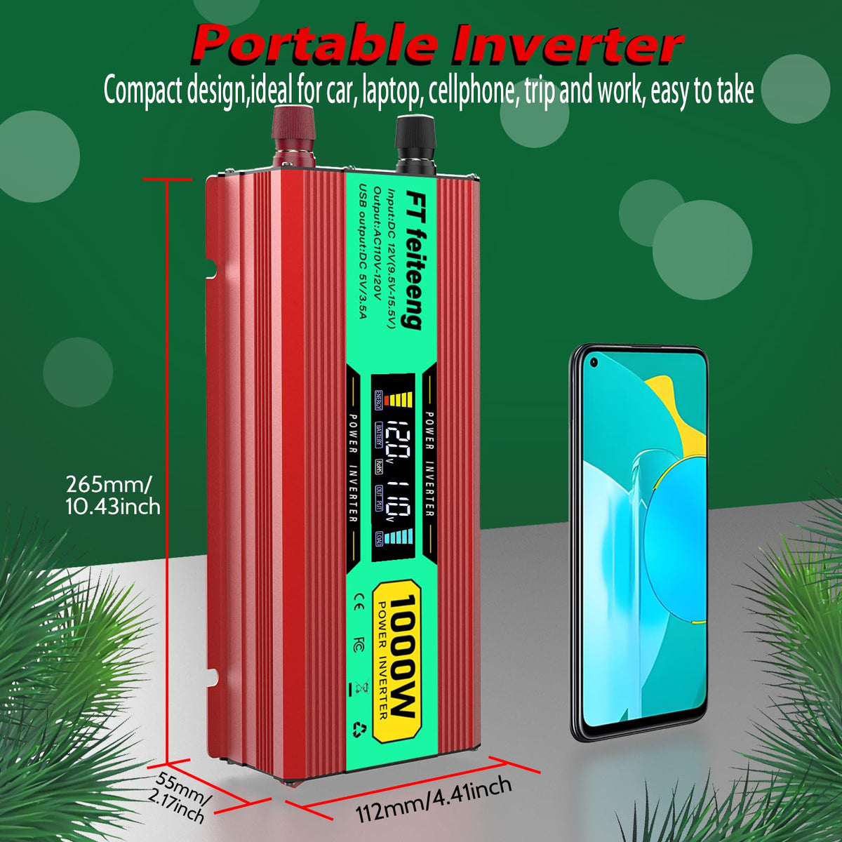 1000 Watt Power Inverter, Car Inverter 12V to 120V with 2 AC Outlets, 2 USB Ports, Cooling Fan, Cables and LED Screen for Vehicles, Home Use and Outdoor Camping