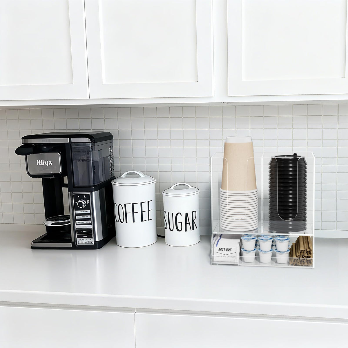 AITEE Acrylic Coffee Station Organizer for Countertop, Holds 20 Cups, All-in-One Coffee Cup and Lid Holder with Condiment Storage for Office Breakroom and Home Kitchen, Black