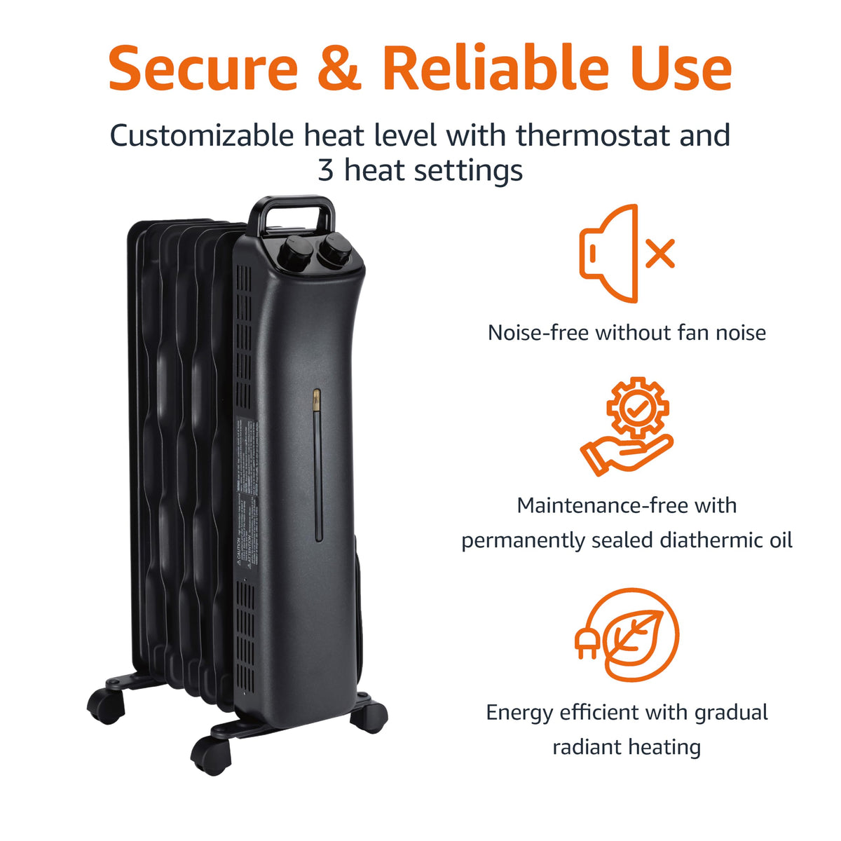 Amazon Basics Portable Oil Space Heater with 7 Oil-Filled Fins, 3 Heat Settings, Adjustable Thermostat, Tip-Over and Overheat Protection, ETL Safety Certificate, 1500W, Black