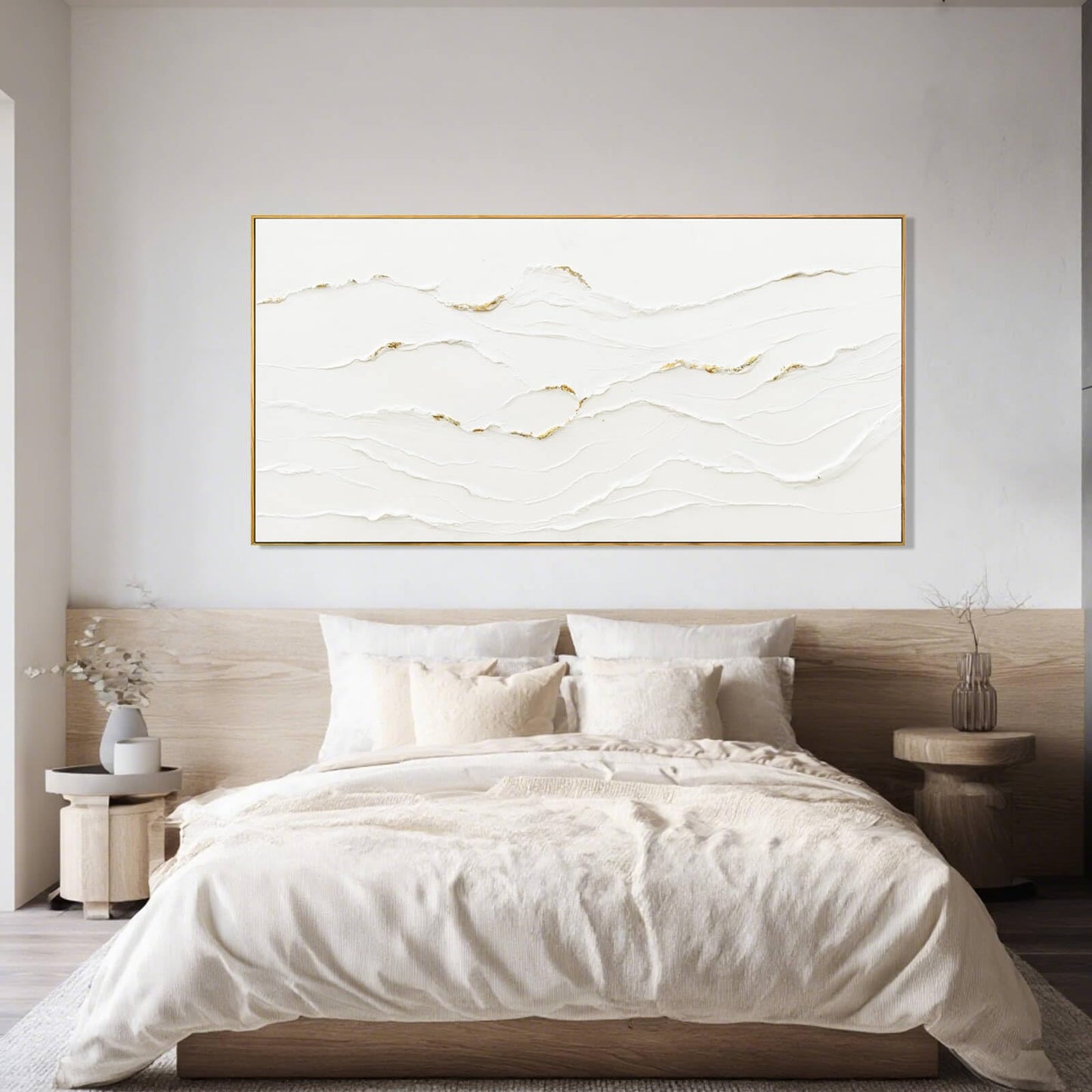 WINKAILIN Large Wavy Line White Abstract Wall Art with Frame Minimalist Modern Hand drawn Painting Textured Poster for Living Room Dining Room Bedroom Decor 29"x58"