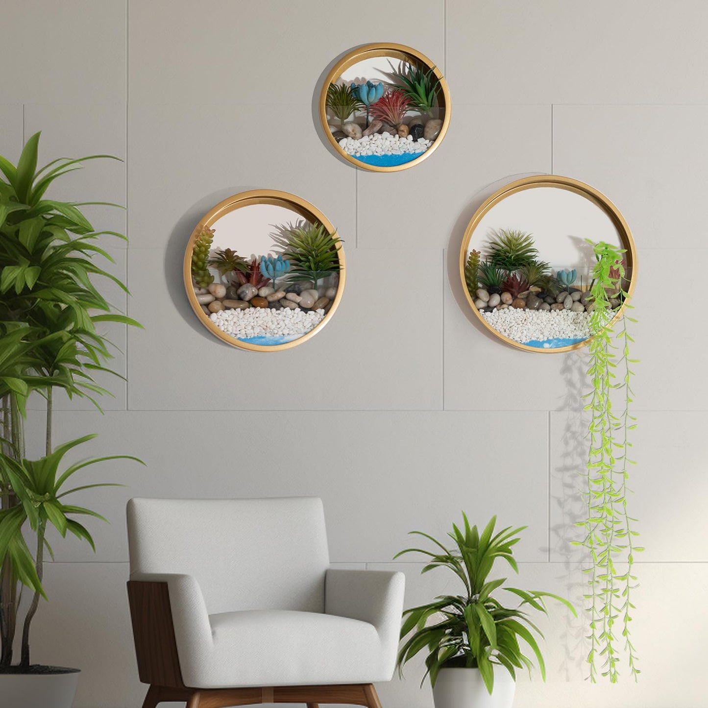 VEVLU Gold Metal Wall Planter Set of 3, Indoor Metal Hanging Planter with 10Pcs Artificial Succulents Wall Decor Round Succulent Planters Air Plant Pots Container for Cactus Home Office Decor