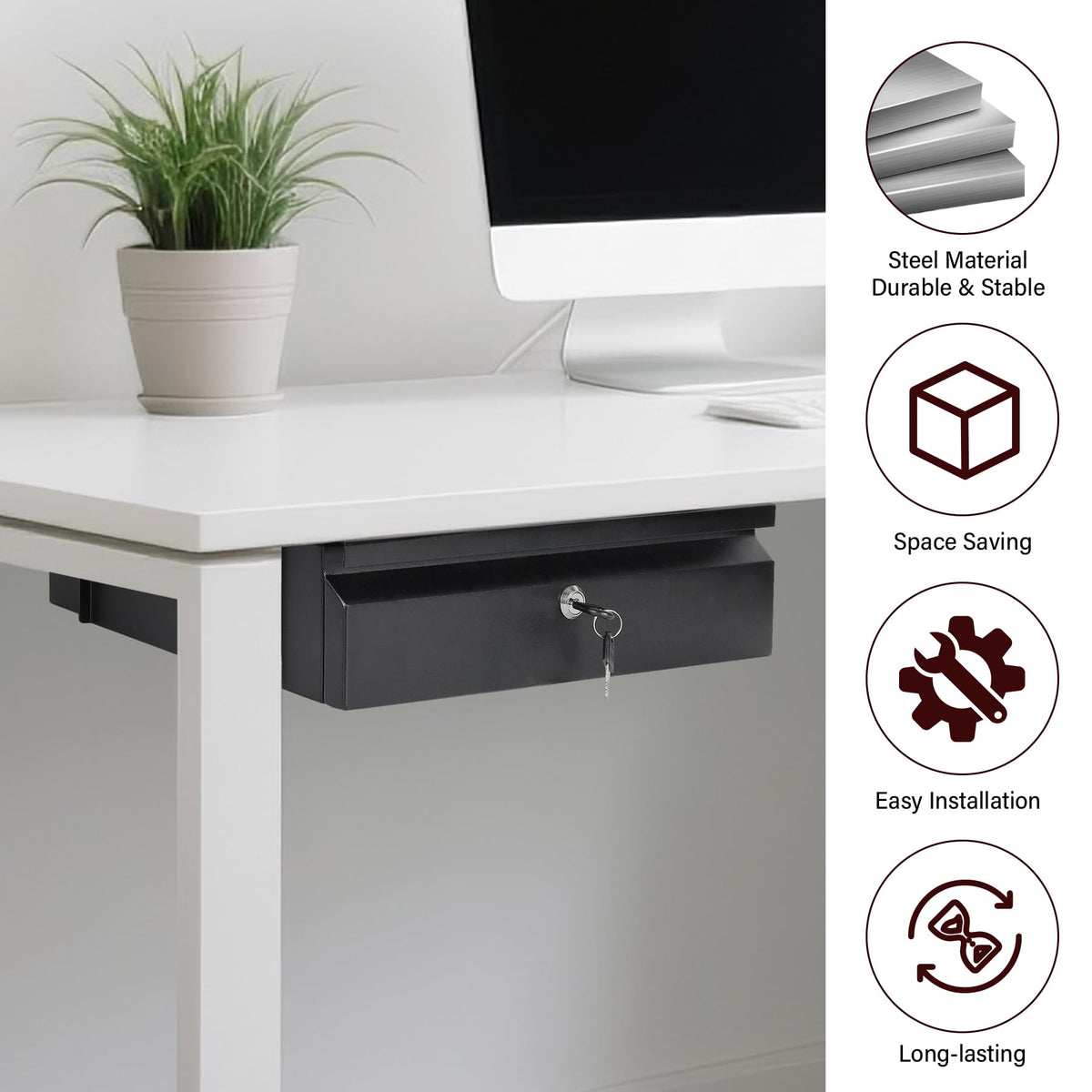 Toriexon Under Desk Drawer 15.7" x 11.8" x 4.3", Under Desk Pull Out Drawer with Lock and Keys, 4.3” & 7.5” Optional Bracket Height, Storage Organizer for Workbench with Drawers