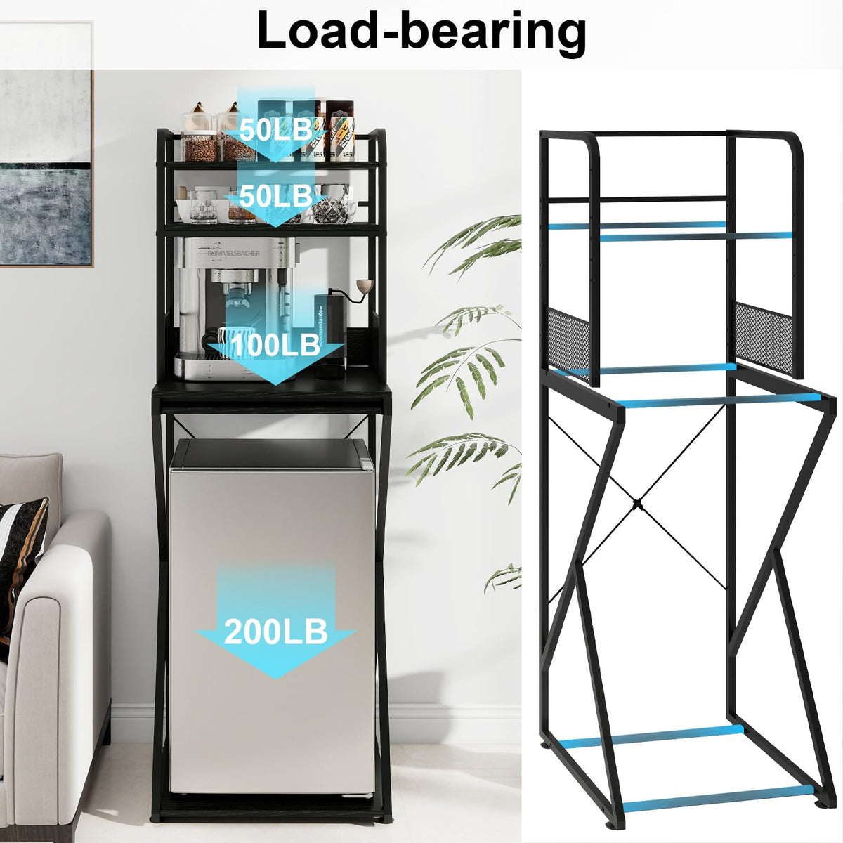 PUNCIA 4-Tier Mini Fridge Stand with Power Outlet & Storage, Coffee Bar Organizer, Refrigerator Cabinet & Microwave Shelf, Bakers Rack for Kitchen, Office, Dorm, Pantry, Apartment (Black)