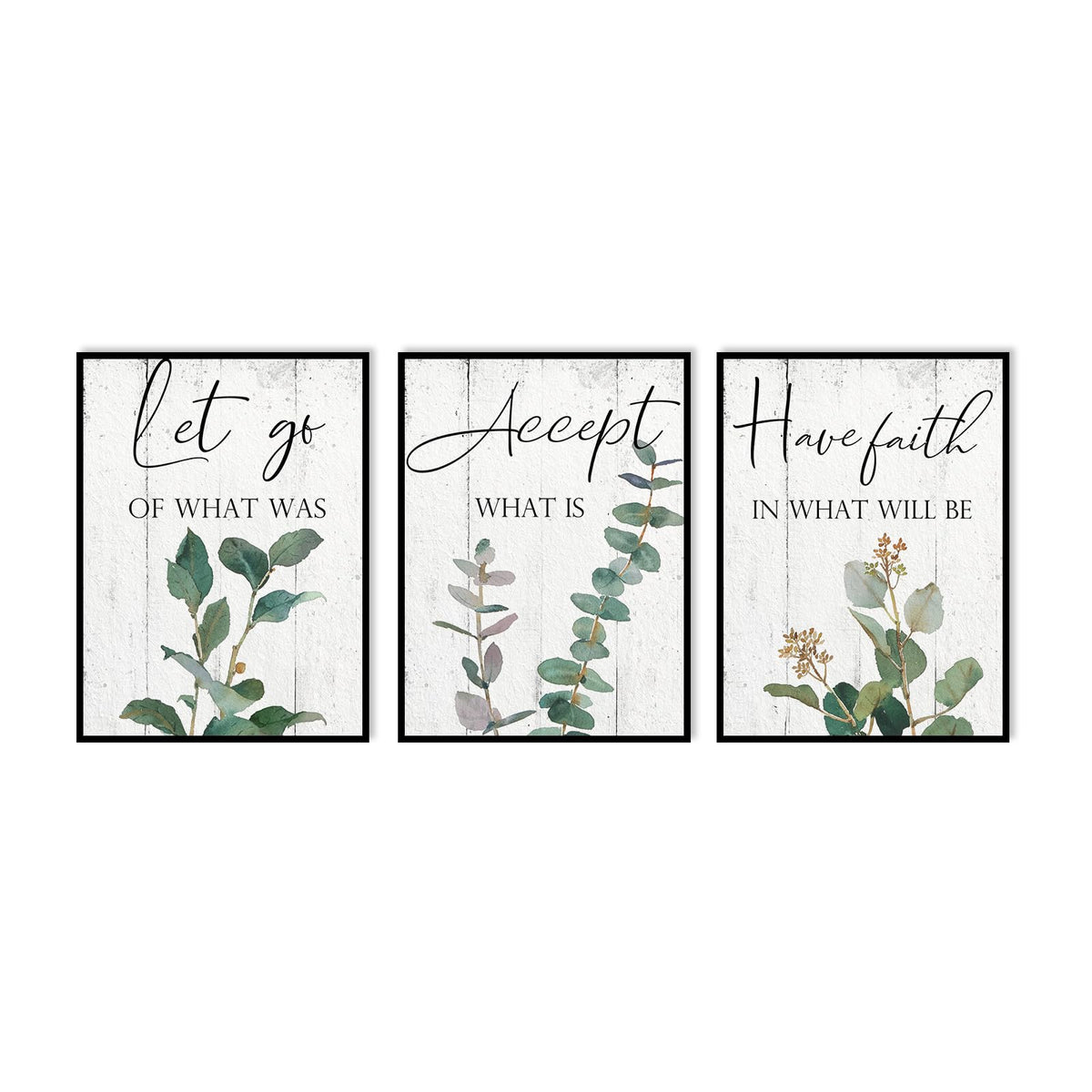 Inspirational Wall Art Office Decor: 3 Piece Motivational Quotes Wall Art 12"x16",Accept Let Go Have Faith Wall Decor for Office,Eucalyptus Pictures Framed Hanging Inspirational Posters for Bedroom