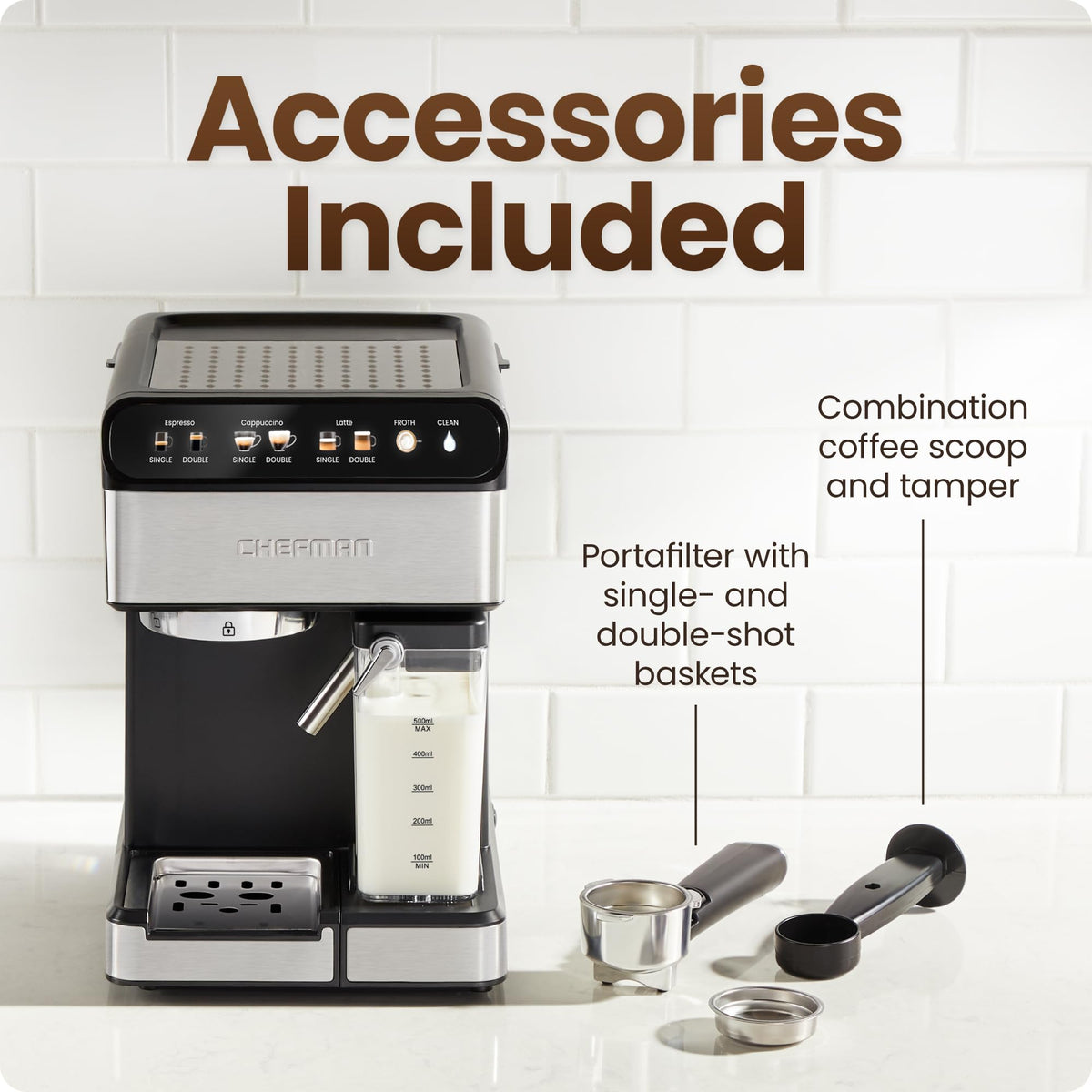 Chefman CaféMaster Pro Espresso Machine, Brew Single or Double Shots, Coffee Maker with Built-In Milk Frother for Cappuccino & Latte, XL 1.8 Liter Removable Water Reservoir - Stainless Steel