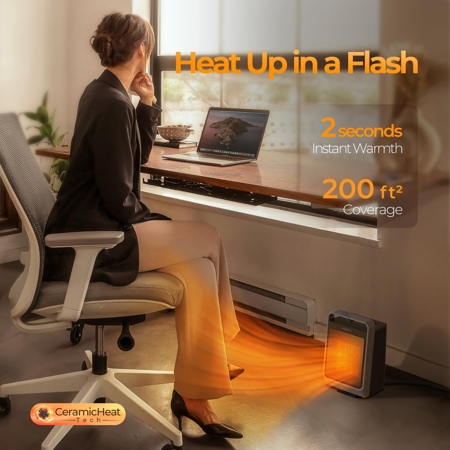 ROSEKM Space Heaters for Indoor Use, 1500W Portable Electric Heater with Thermostat, Ceramic Heater for Room Bedroom Office Under Desk with 3 Heating Levels, Safe Tip-Over Protection (Grey)