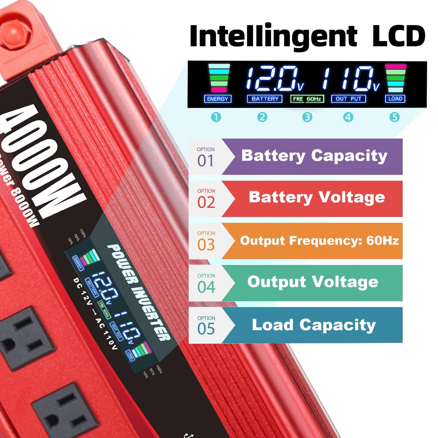 Cantonape 4000W Power Inverter 12V to 110V/120V DC to AC with LCD Display, Remote Controller 5 x AC Outlets and 4 x 3.1A USB Car Adapter for Car Truck Boat RV Solar System