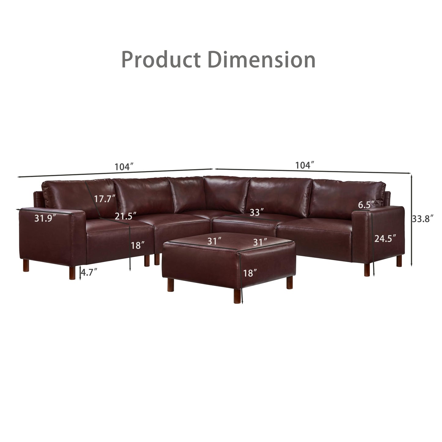 KEIKI PU Leather Sectional Couch Sofa Set with Ottoman, Luxury 6 Seater U-Shaped Sleeper Cloud Couches Bed, Comfy Modular Convertible L-Shaped Sofabed for Office Living Room, Easy Assembly, Burgundy