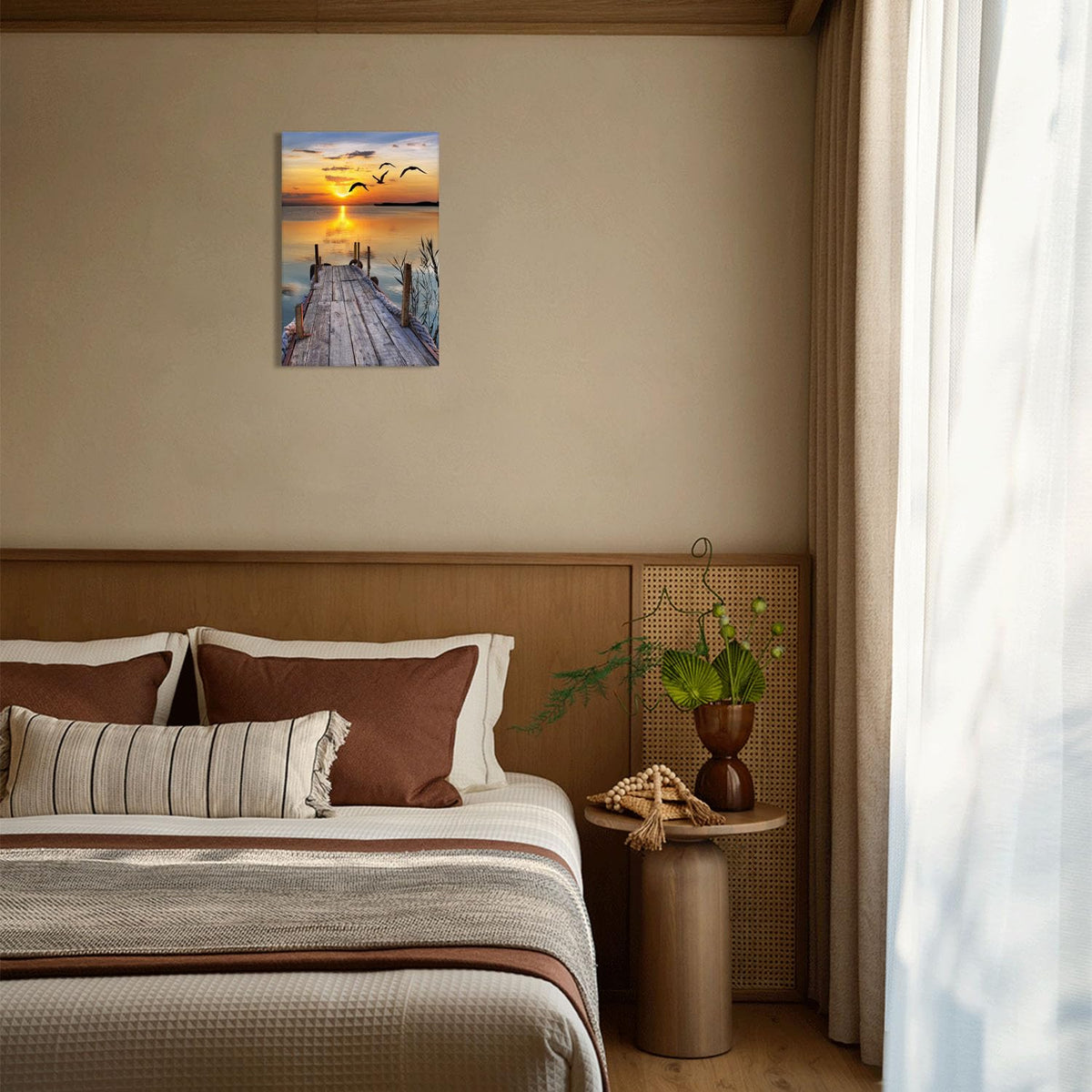 Sunset Wall Art Lakeside Pier Trail Canvas prints Sunset Nature Landscape Painting for Home Living Room Bedroom Office (12x16 inch) Framed