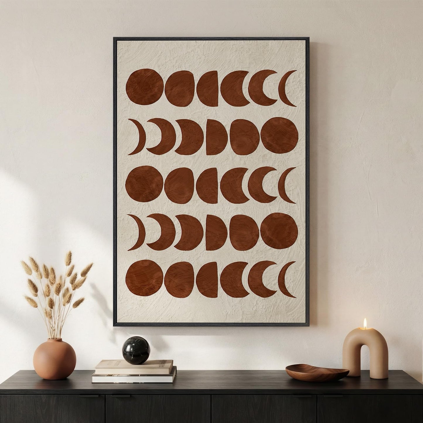 Framed Mid Century Modern Moon Phase Wall Art for Living Room, Neutral Brown Beige Boho Geometric Print Canvas Artwork for Walls, Vertical Pictures Wall Decor for Bedroom Home Office Hallway, 24x36 In