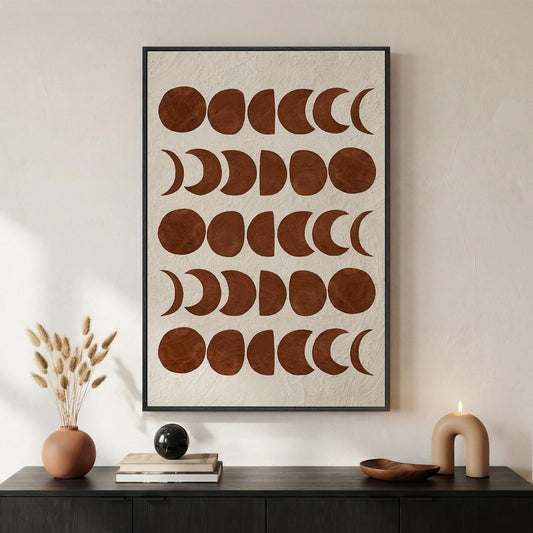 Framed Mid Century Modern Moon Phase Wall Art for Living Room, Neutral Brown Beige Boho Geometric Print Canvas Artwork for Walls, Vertical Pictures Wall Decor for Bedroom Home Office Hallway, 24x36 In