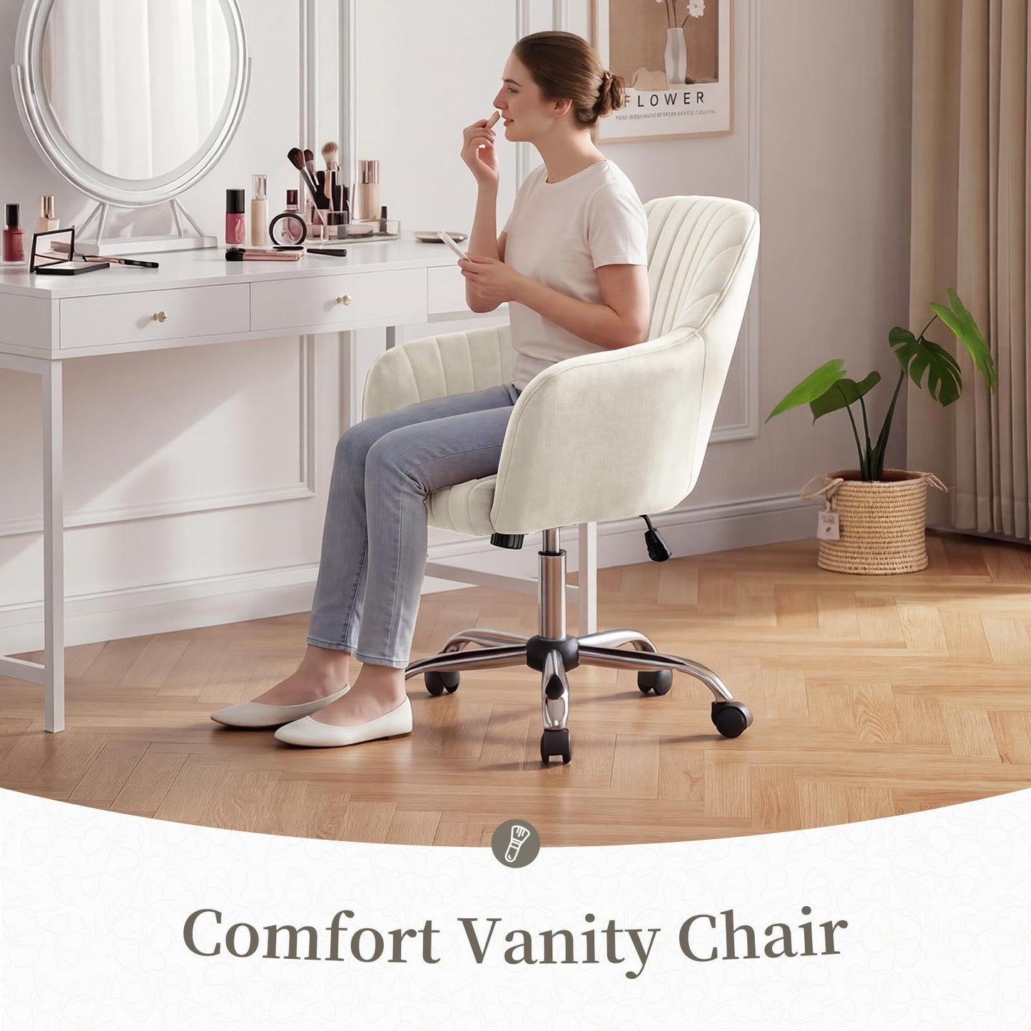 Warmiehomy Velvet Desk Chair for Home Office, Modern Adjustable Swivel Task Chair, Women Vanity Chairs with Arm Rest for Bedroom Dressing Room, Cozy Beige