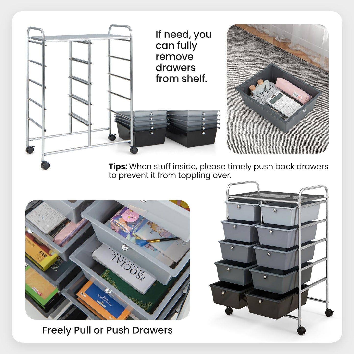CLEEMAN 10-Drawer Rolling Cart with Drawers, Storage Cart with Universal Wheel & Metal Frame, Multipurpose Mobile Trolley Utility Cart for Makeup Kitchen Office Play Room (Gradient Black)
