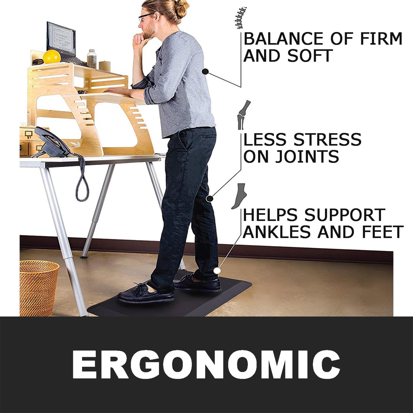 1" Extra Thick Anti Fatigue Kitchen Floor Mat Comfort Standing Mat 17'' x 30'', Office Standing Desk Mat, Kitchen Rug, Massage Points Comfort Mat, 140D high Density PU Foam (Black)