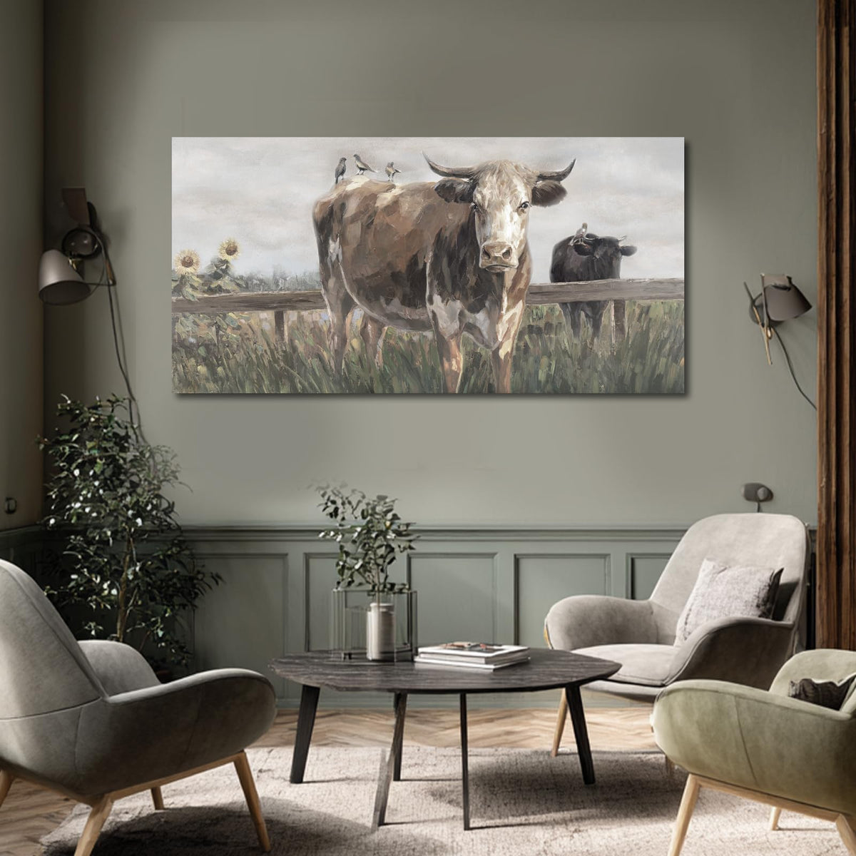 Visual Art Decor Cow Decor black and brow Canvas Print Animal Artwork for livingroom,bedroom,office 40x20 inches
