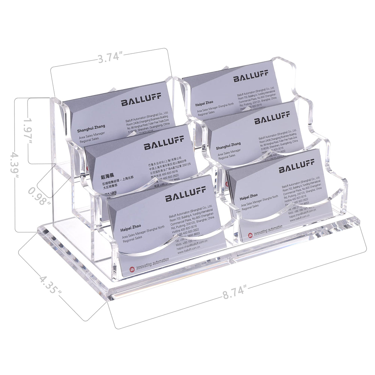 HeZone Business Cards Holder Display for Desk, Clear Acrylic Multiple 3 Tier 6 Slot Business Card Stand, Holds 300 Cards-1 Pack (6 Slots-H)