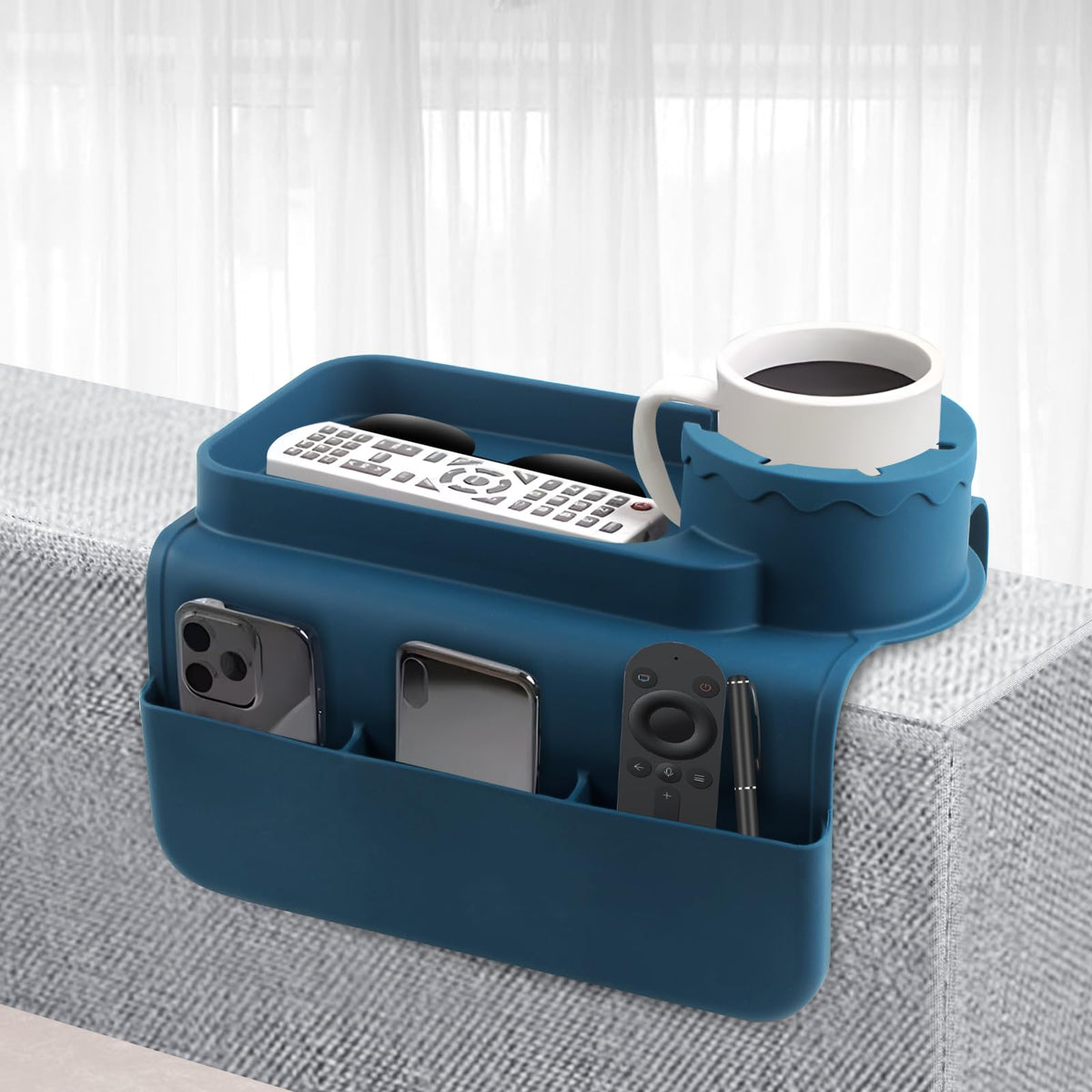 CENELO Silicone Couch Cup Holder - Anti-Slip Sofa Armrest Tray with Cup Holder & 4 Pockets, Large Size Foldable Couch Arm Tray for Cup, Snack, Phone, Tablet, Remote Control, Gifts for Mom Dad